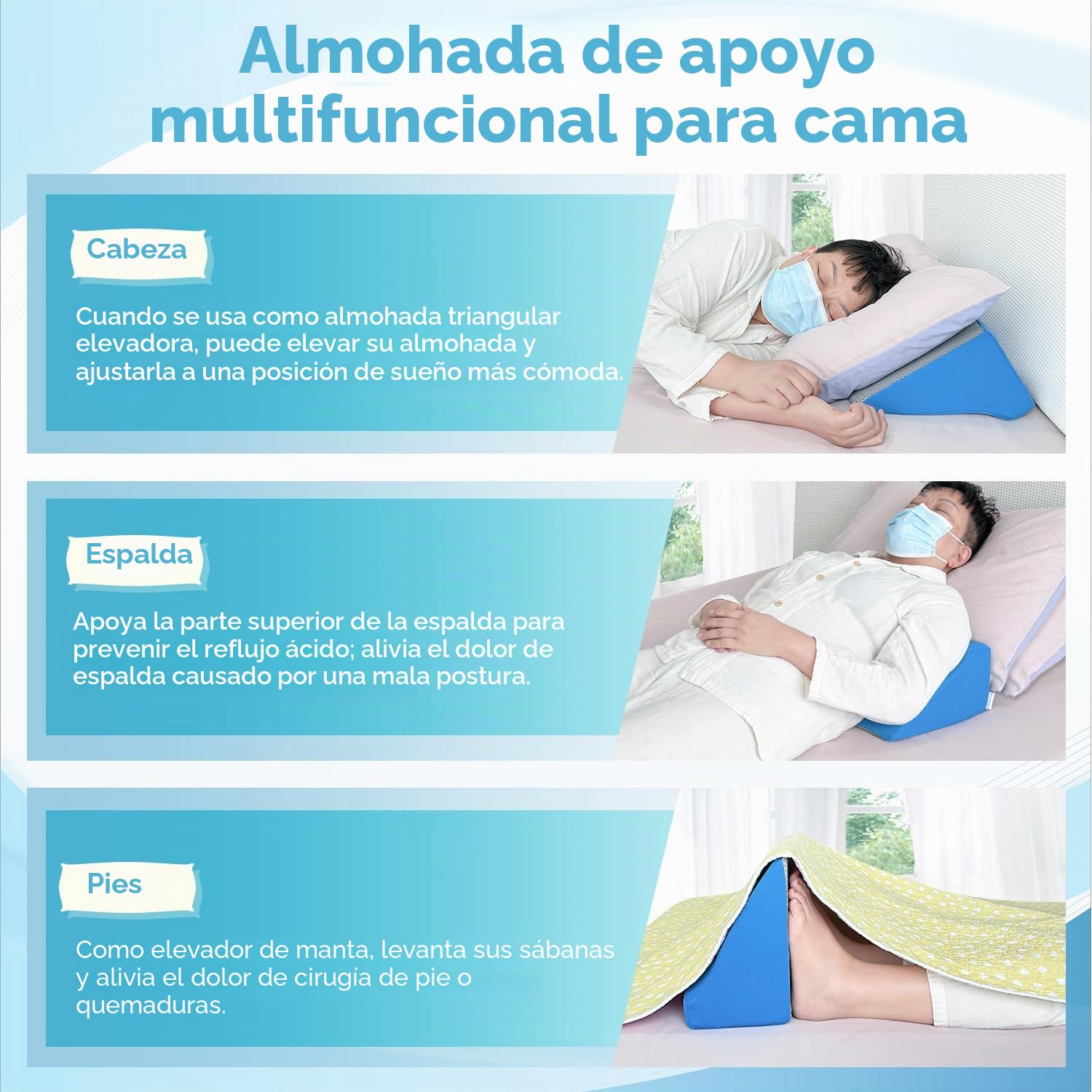 Almohadas de cuña para después de la cirugía, almohada inclinada de cuña para dormir, almohada de cuña corporal, almohadas de embarazo de presión de 30 grados, úlcera de espalda, almohada (azul)