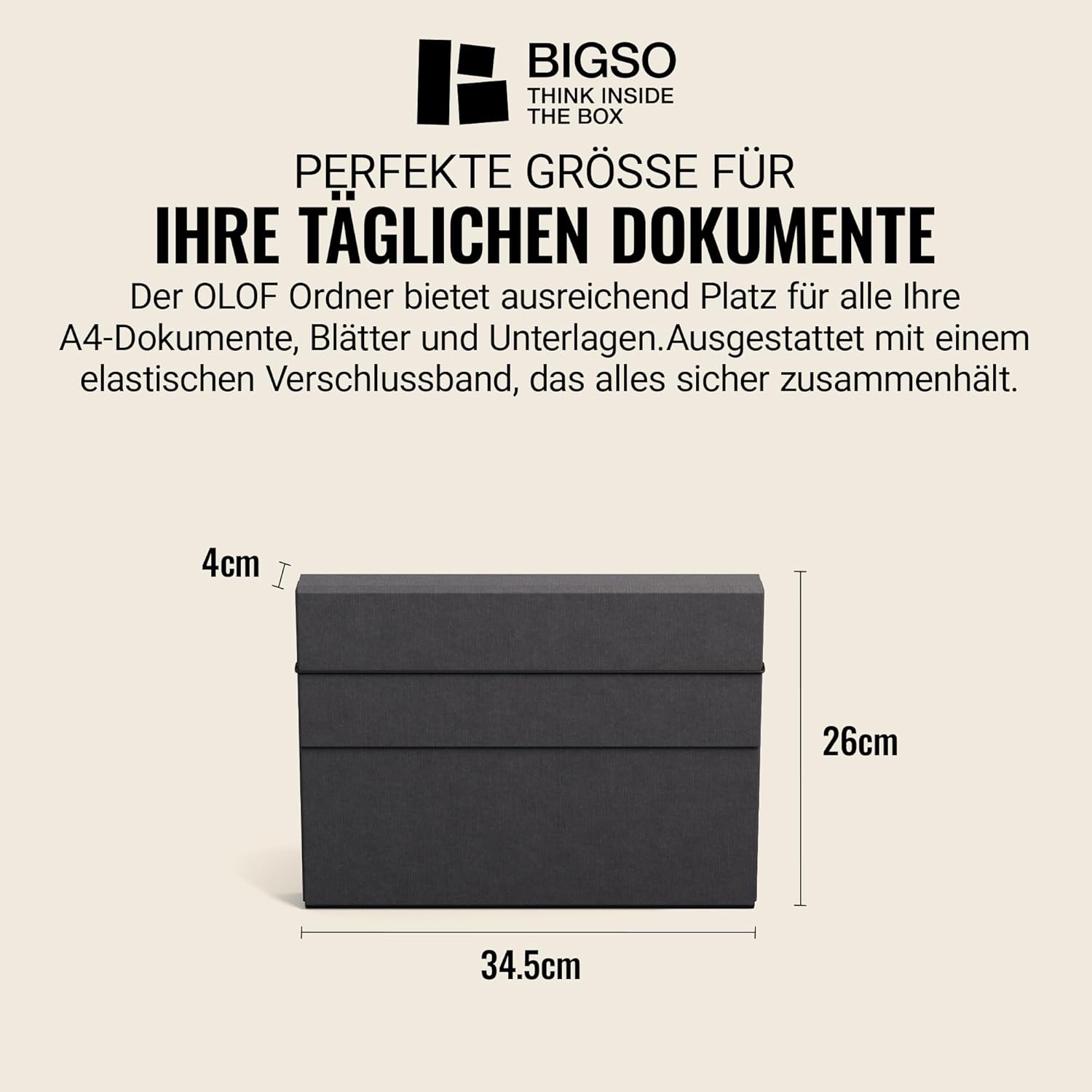Bigso Box of Sweden A4 Folder Organiser - Elastic Strap Fibreboard & Paper File Folder - Spacious for Documents, Letters - Black