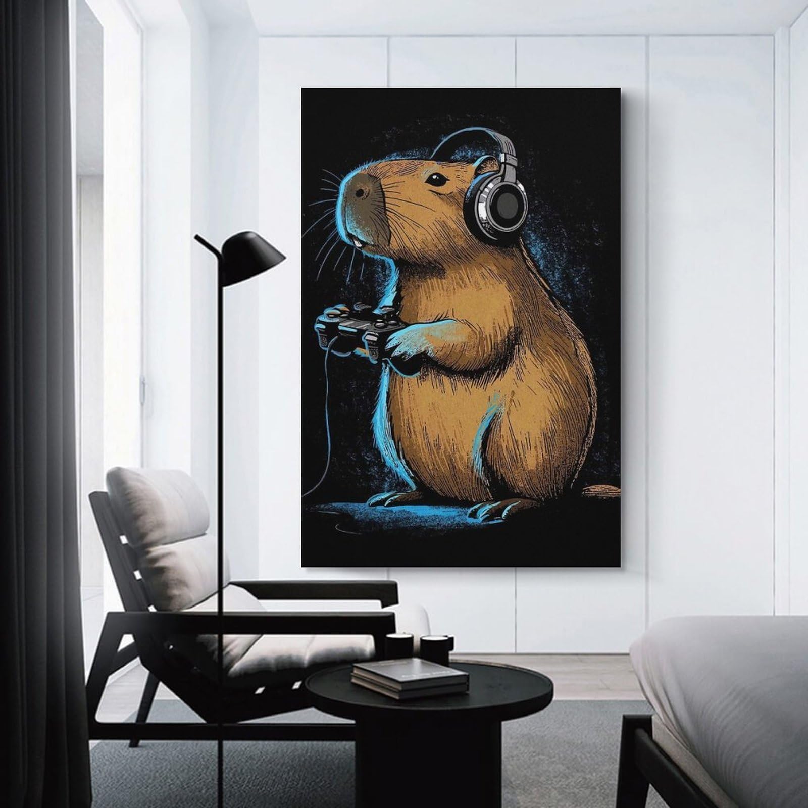Junmoney Capybara Gamer with Headphones Wall Art Print 24x36inch(60x90cm), for Art Walls, Layered Displays Or Homes, Wall Decor Suited to Curated Displays