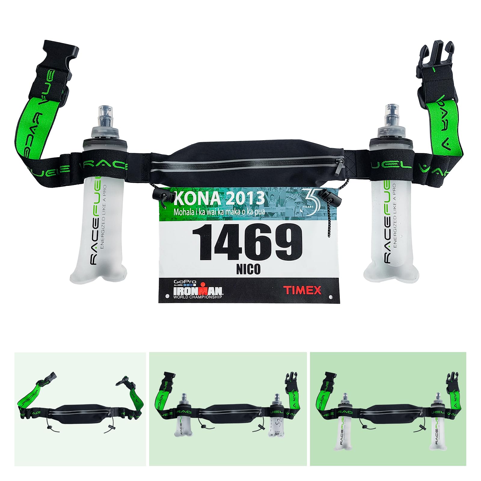 RaceFuel Triathlon Startnummernband Laufgurt mit Tasche für Handy mit Nummernhalter & 6 Halter Softflask oder Gel für Joggen Radfahren Marathons (Mit Tasche + 2x250ml Flask)