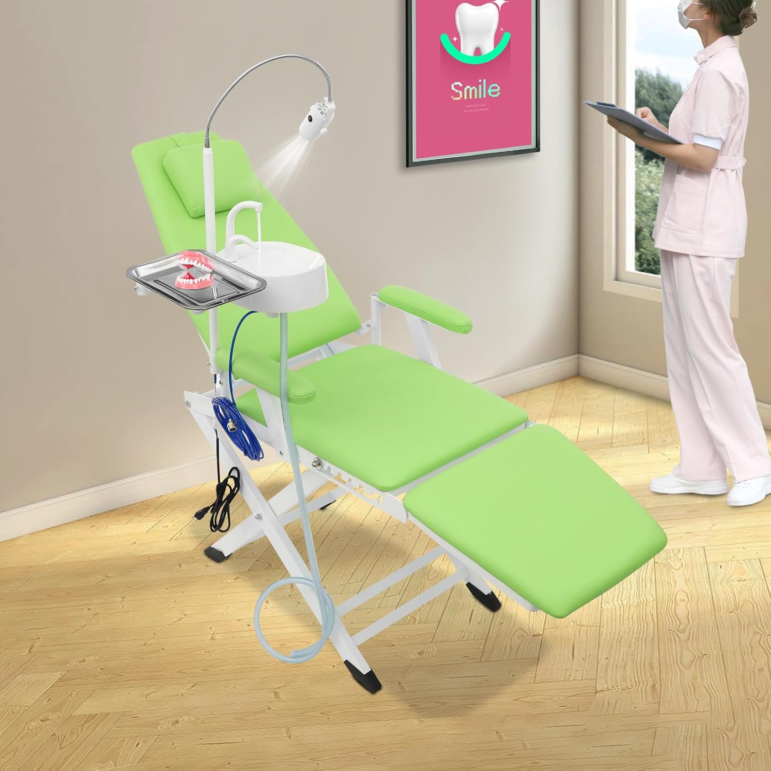 Portable Foldable Mobile Den tal Patient Chair, Folding Freestanding Patient Chairs with LED Lamp & Tray & 360° Rotating Spittoon, Den tal Bed for Clinics Hospitals