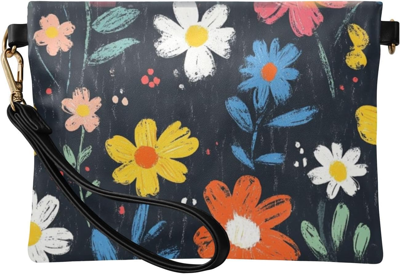 PU Leather Clutch Handbags for Women Zipper Foldover Purses And Handbags for Wedding Colorful Daisy Flowers