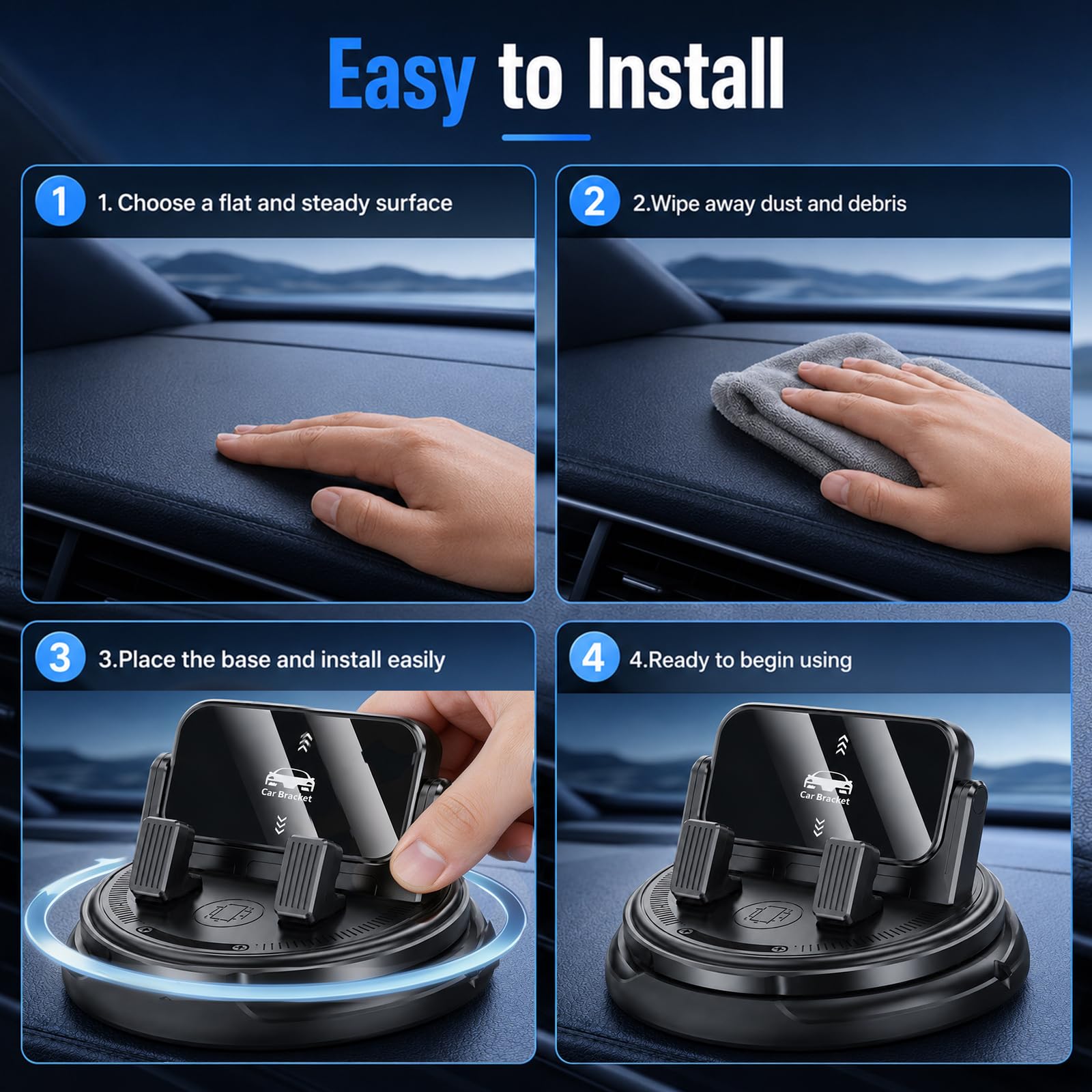 Soporte para teléfono de coche con rotación de 360 grados, soporte de teléfono para salpicadero con clip de resorte ajustable, soporte universal ajustable para teléfonos inteligentes