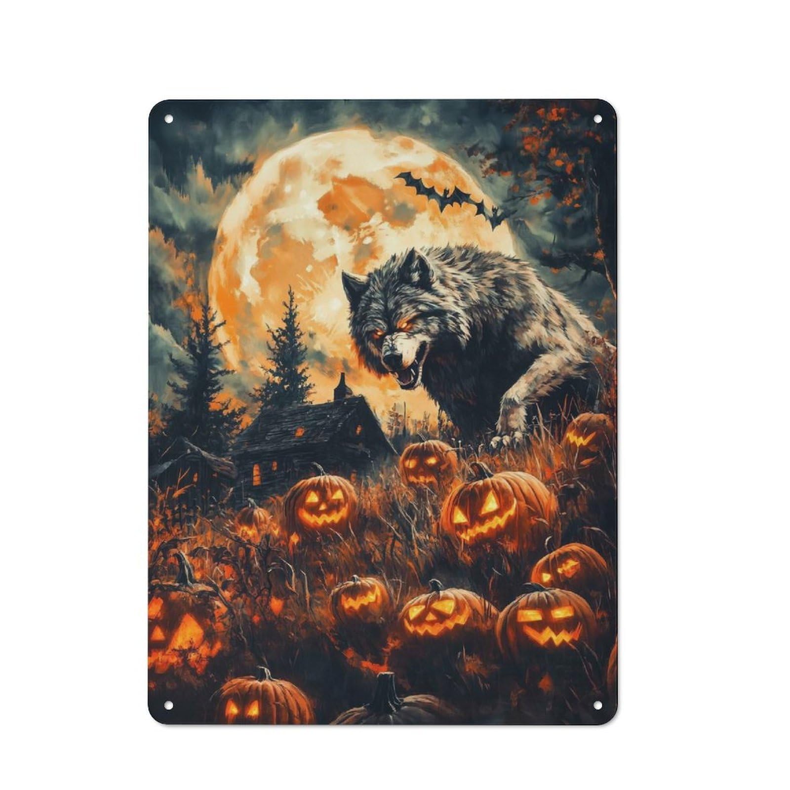 Junmoney Halloween Wolf And Pumpkins Garage Metal Sign 40X30cm, Retro Workshop Wall Decor For Tool Room, Garage, Studio Or Home Bar
