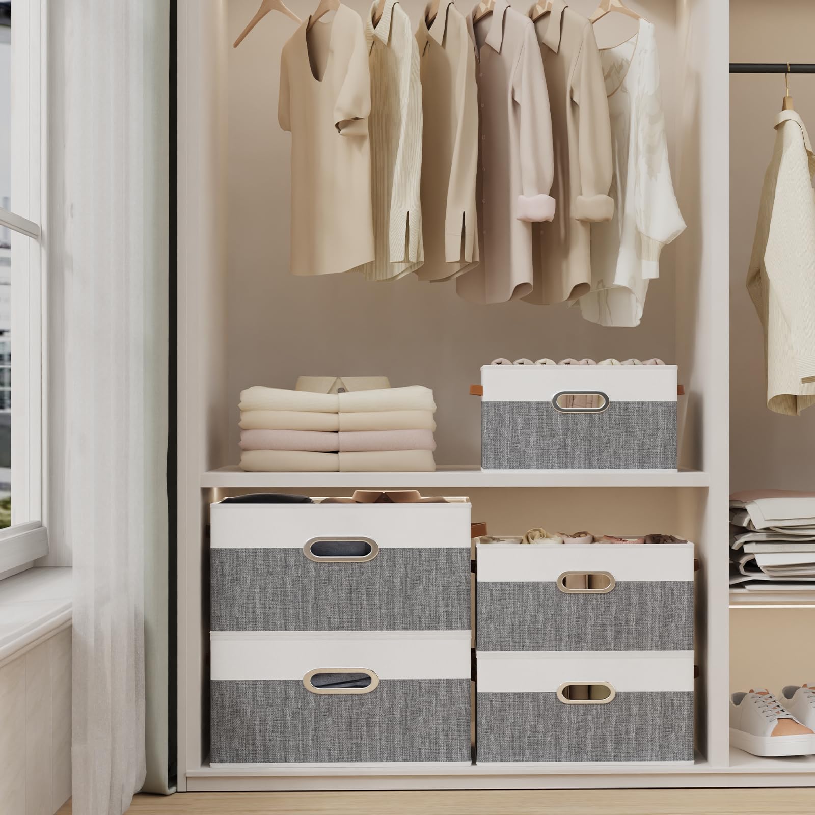 Yawinhe Boîtes de Rangement Lavable,Lot de 3 Panier Blanc/Gris,38x25x21cm | Sans Couvercle Boîte de Pliables;Coffre avec Plaques en PP; Lavable Rangement Tissu avec poignées en cuir pour Vêtements