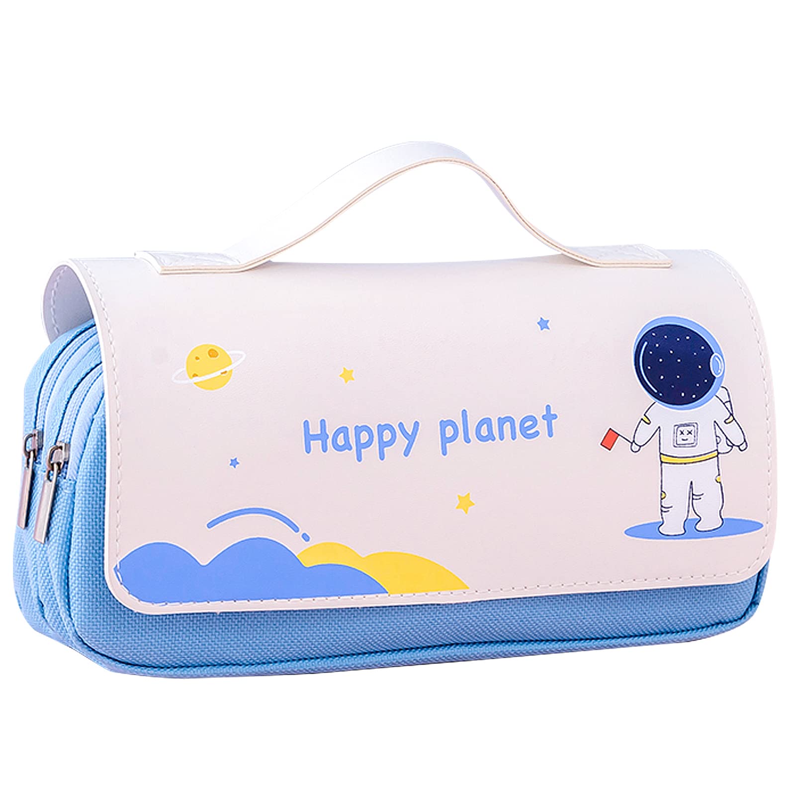 Large Capacity Pencil Case, Cute Pencil Bag with Top Handle, 3 Compartments Canvas Pen Holder Kawaii Pencil Box Stationery Organizer for Girls Women Kids Boys School Office (Spaceman&Planets,Sky Blue)