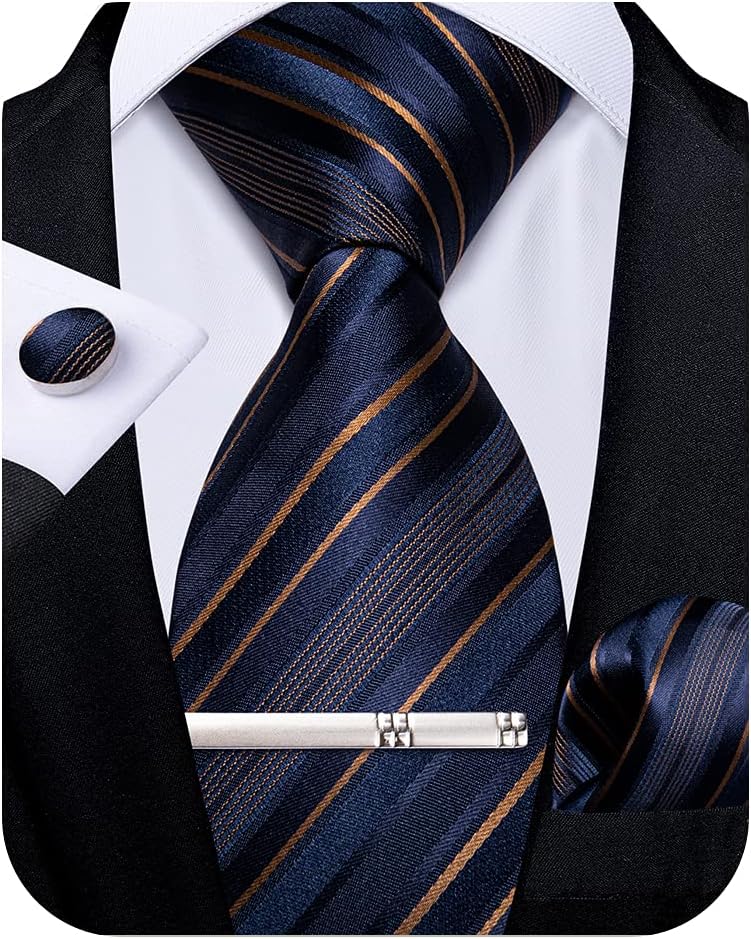 DiBanGu Men's Navy Blue Brown Striped Tie Silk Woven Necktie Pocket Square Cufflink Set Formal