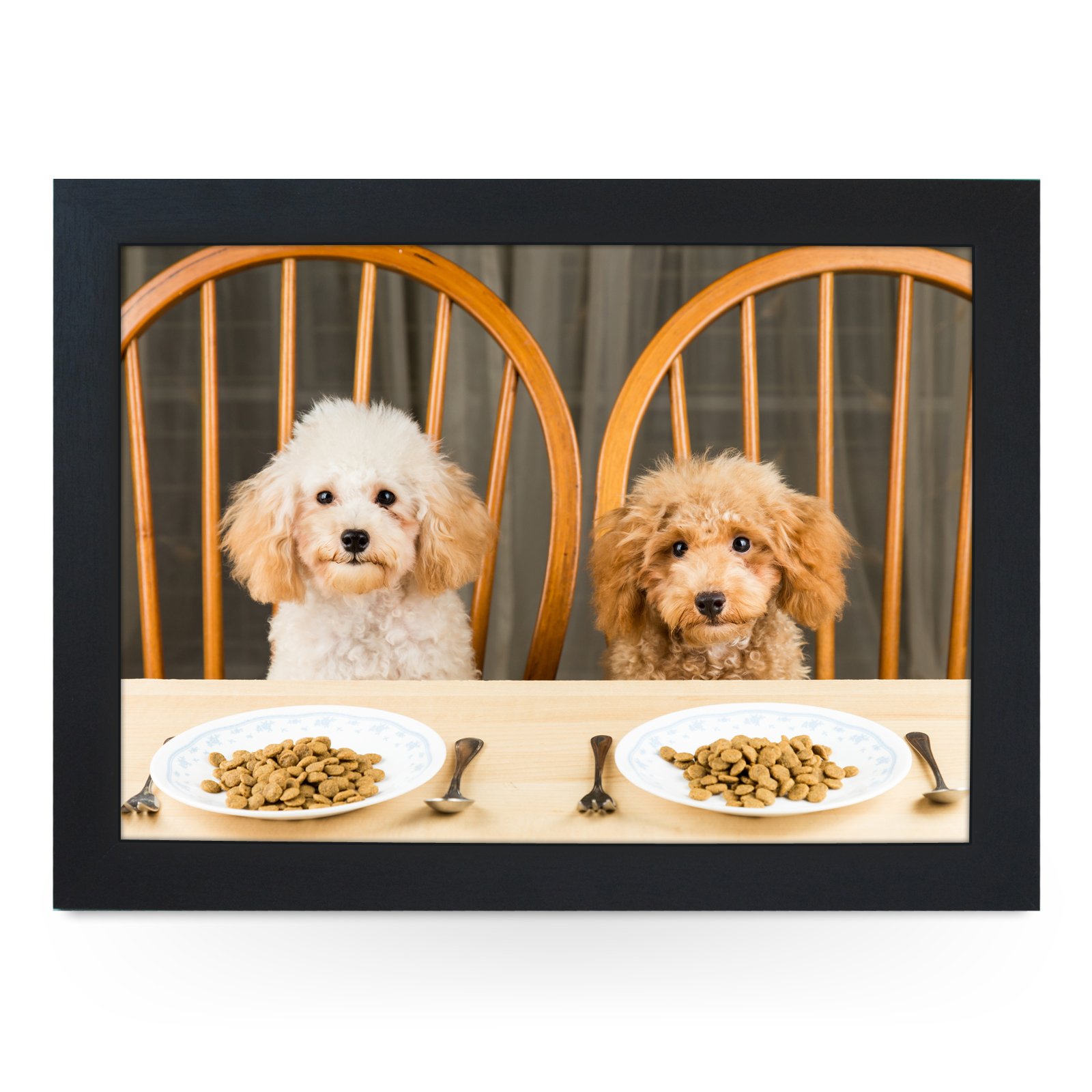 Portable Lap Desk Tray (Dogs at Dinner Table) Handmade Wooden Frame, Beanbag Cushioned Bottom | Computers, Laptops, Meals, Food | L0220 Black