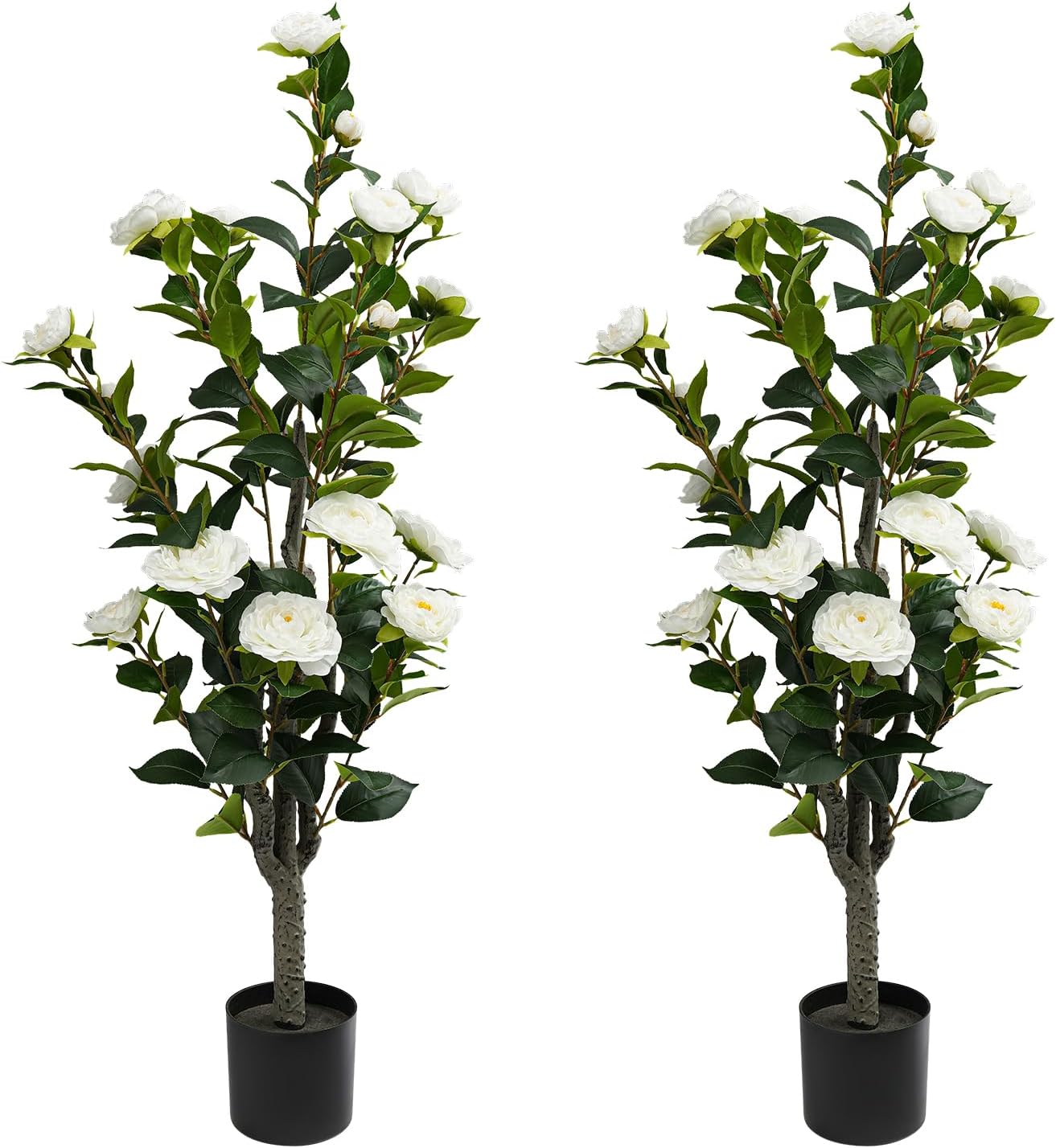 2Pack Artificial Camellia Trees, 38"/3.2ft Faux Flower Trees with 24 Fake Blooming Flowers, Realistic Camellia Plants Indoor, Artificial Flower Tree for Home Outdoor Front Door Decor(White)