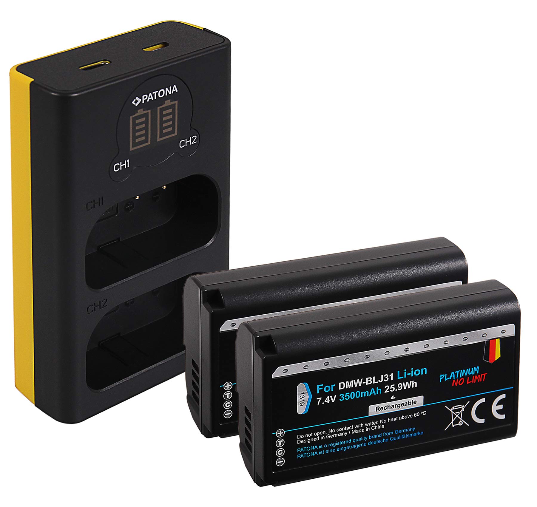 PATONA Set 2X DMW-BLJ31 3500mAh + Cargador Doble LCD USB-C – Repuesto para Panasonic DMW-BLJ31 – para Lumix DC-S1 S1R S1H – Entrada Micro USB y USB-C