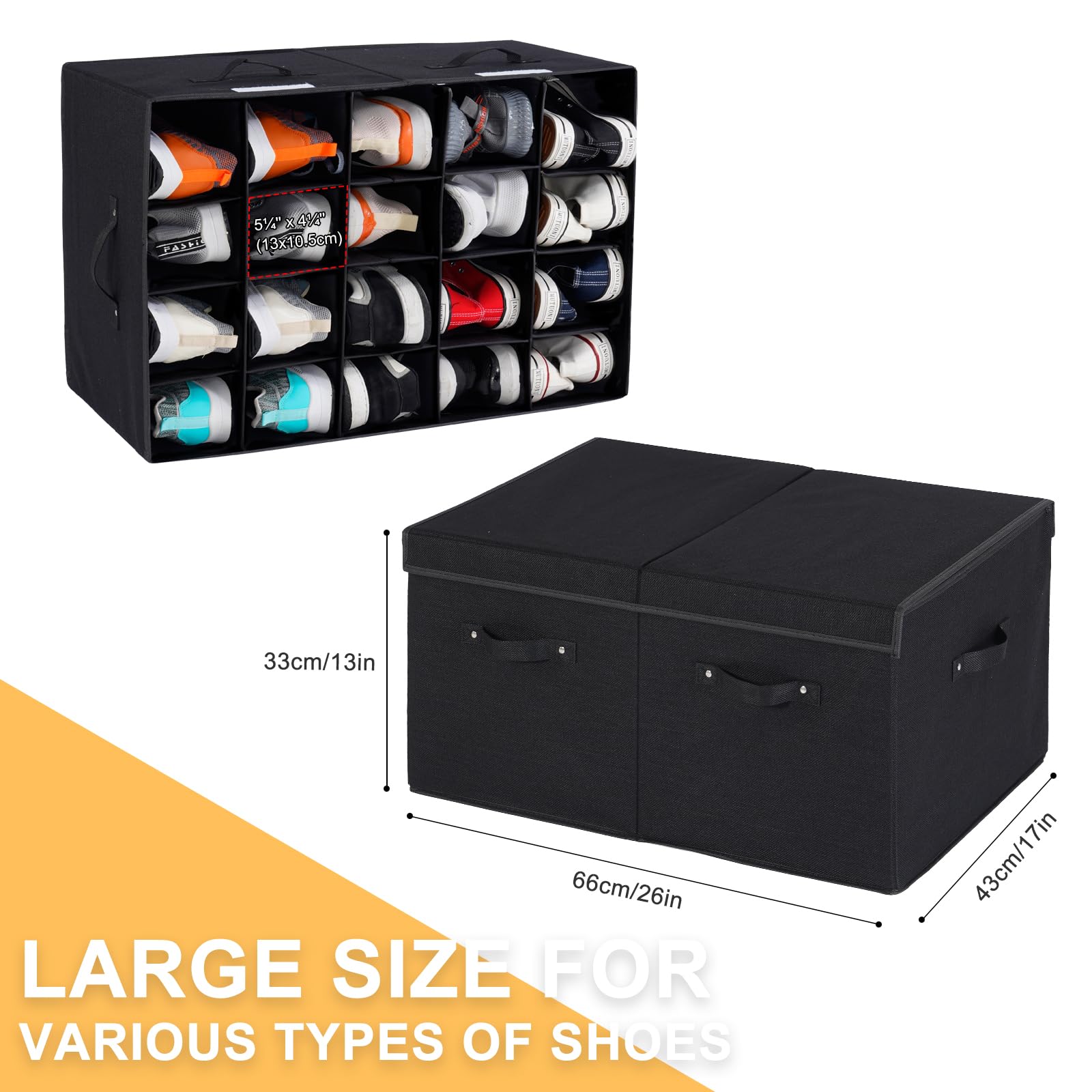 Organizador de zapatos para armario para 20 pares, caja de almacenamiento grande para zapatos con tapa y separadores ajustables para zapatos, tenis y tacón alto, carcasa dura y apilable (negro)