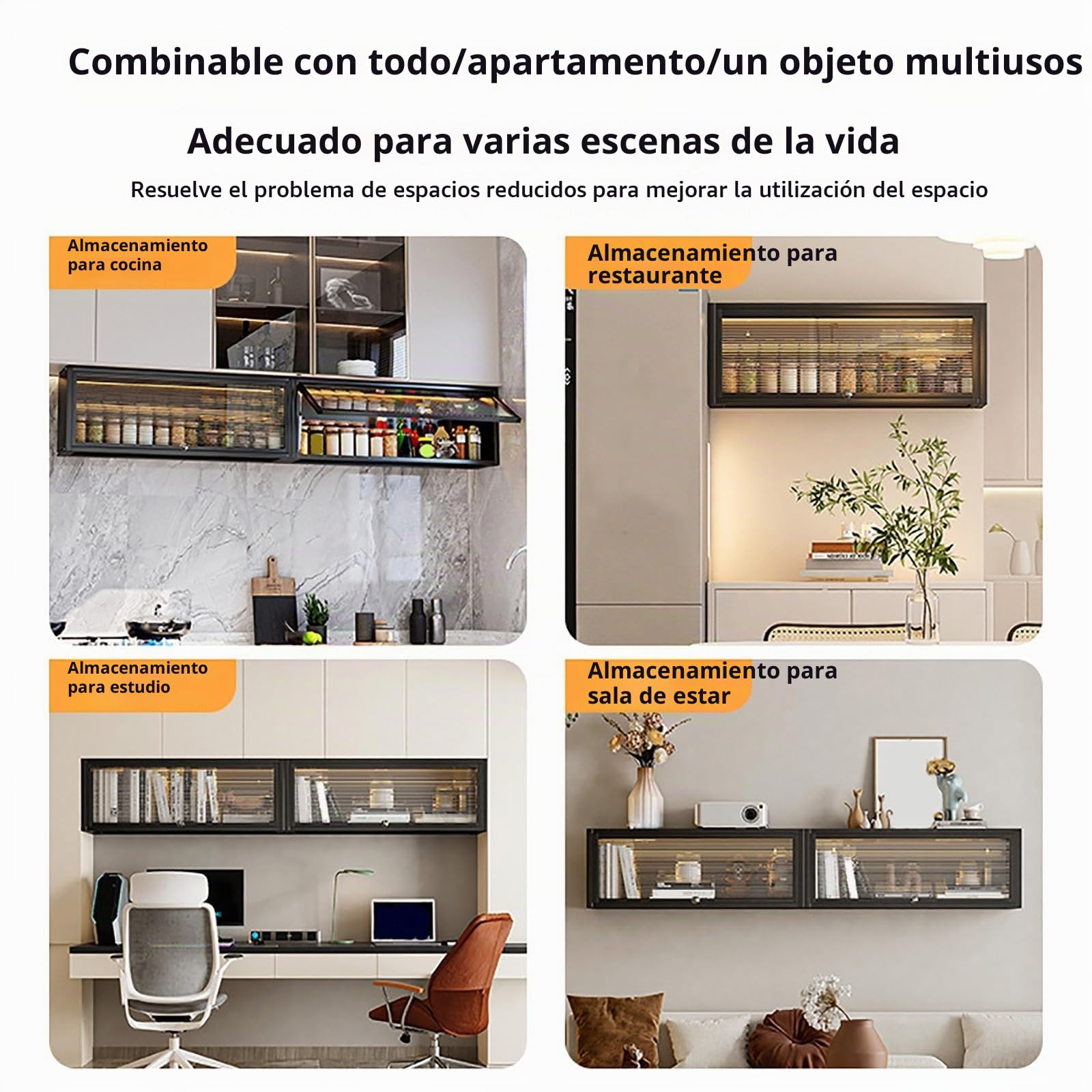 Especiero de cocina, armario de almacenamiento de pared, armario de almacenamiento de utensilios de cocina de gran capacidad, sin perforaciones, con puerta abatible translúcida White,80