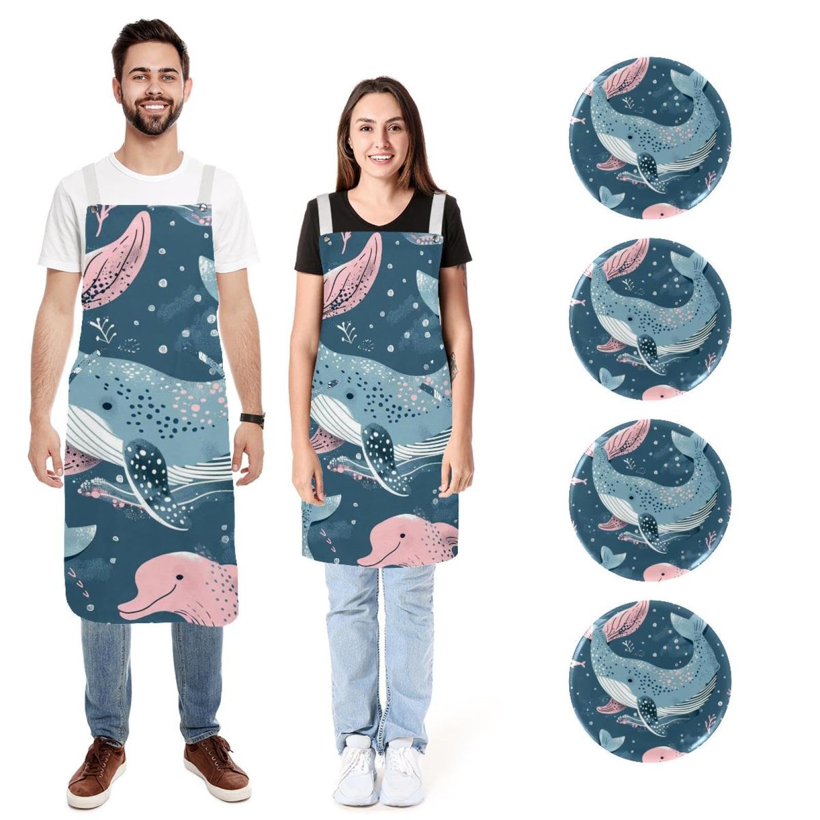 Lot de 2 tabliers de cuisine doux et réglables avec 2 grandes poches pour homme et femme Motif baleine de l'océan, Imprimé baleines de l'océan profond,
