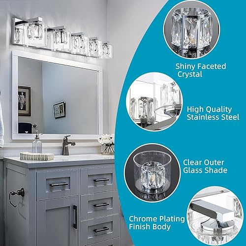 Miniatura 6 de Moderna lámpara de pared de cristal cromado, 5 luces, lámpara de pared cromada, iluminación de baño