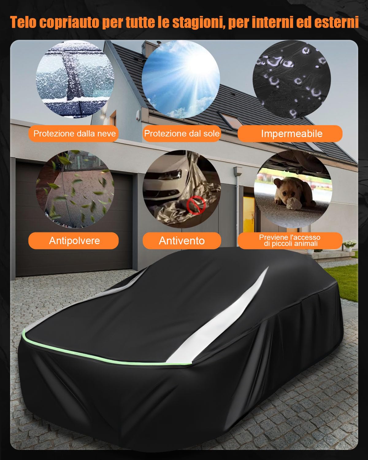 Completamente Chiuso Telo Copriauto Impermeabile per 445-485cm | Protezione Antivento, Antipolvere e UV a 360°, Tessuto Oxford 420D con Strisce Riflettenti, per Berlina Wagon