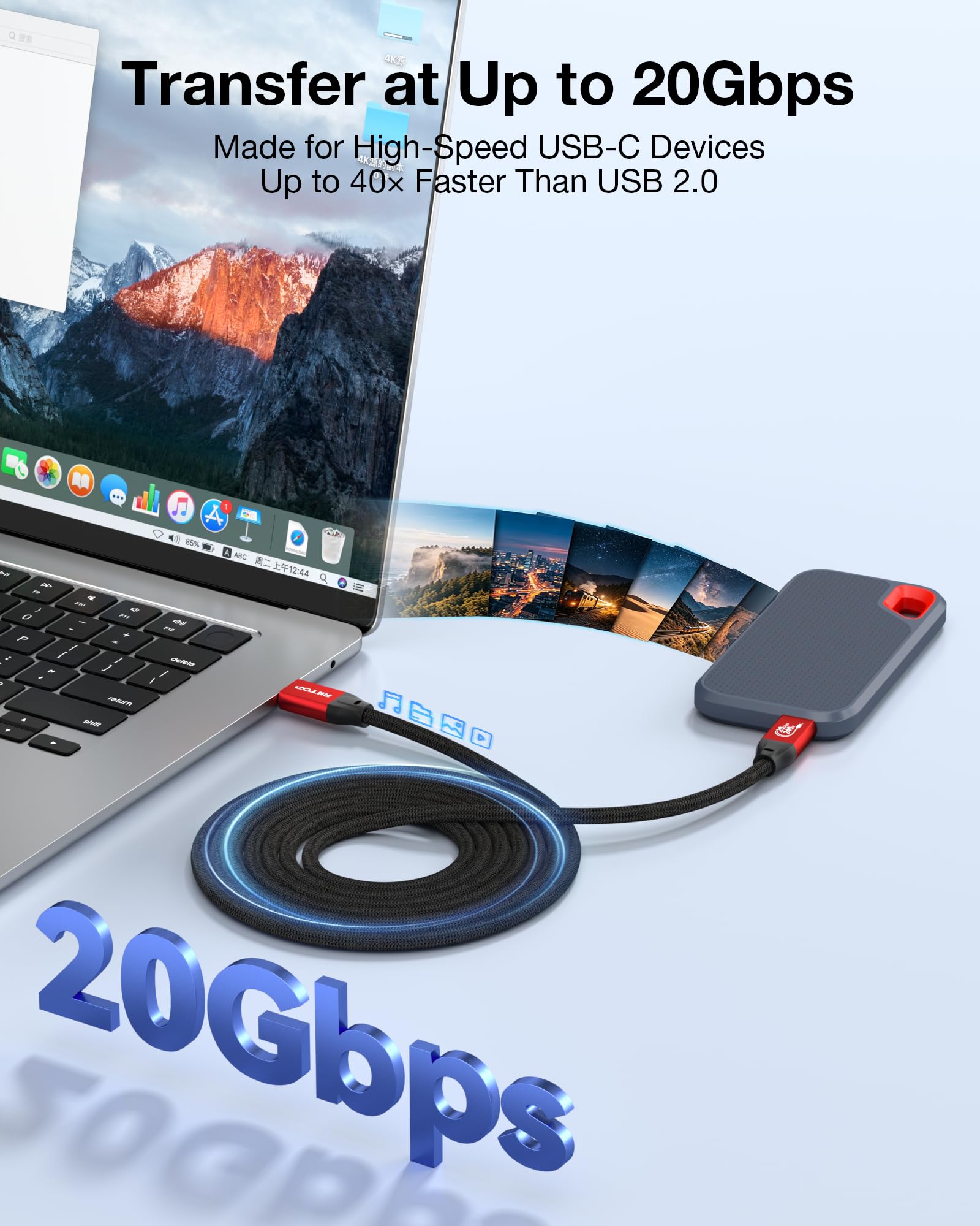 RIITOP Cable largo USB C a C de 20 Gbps de 16.4 pies, USB 3.2 Gen 2x2 Cable