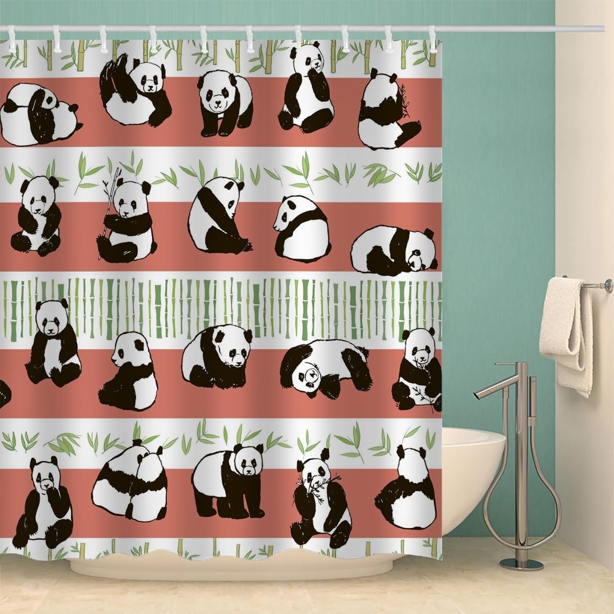 Générique Zasłona prysznicowa Cartoon Panda Poliester Odporny na pleśń Zmywalny wodoodporny materiał zasłony do wanny 240x200 cm z 12 haczykami A258