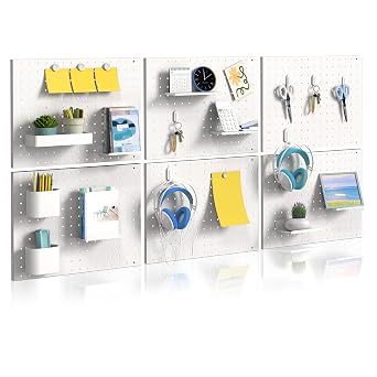 Pegboard Organizer 6 Pack 15.7 x 11.8 Metal Peg Board Wall Control Pegboard for Garage Gaming Room Entryway Kitchen Tool Storage, White