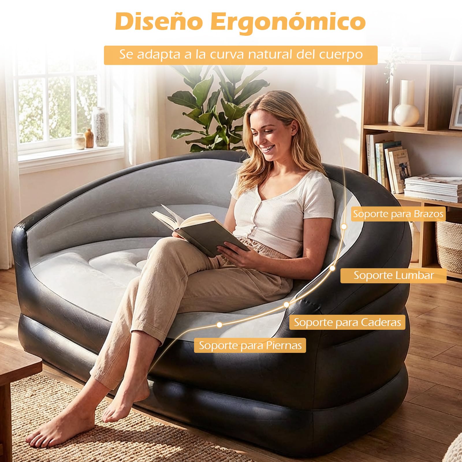 COSTWAY Conjunto Sofás Hinchables, 1 Sofá de 2 Plazas + 1 Sofá con Otomana, Sofás Portátiles para Adultos con Superficie Flocada, Sillones Inflables para Exterior Interior Camping Viajes,Sin Bomba
