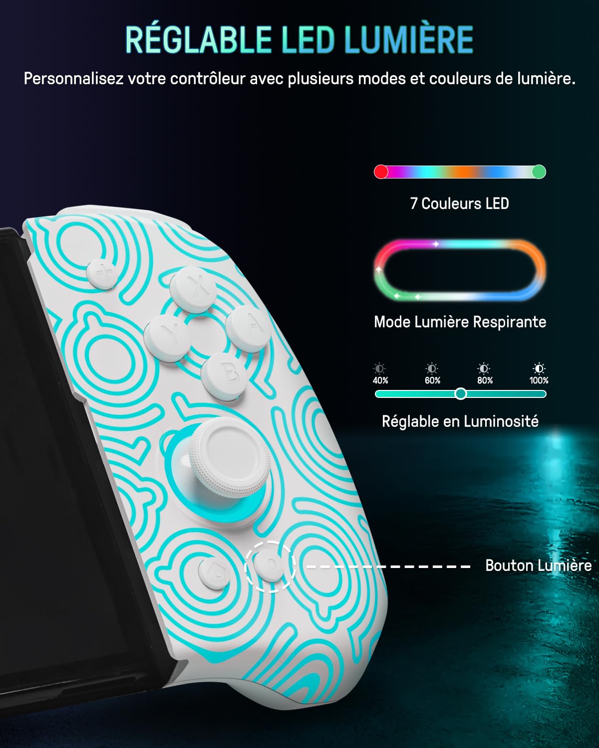 PALPOW Manette lumineuse Switch – Compatible Switch/OLED, design ergonomique, Joypad intégré, Turbo, Mapping, LED 7 couleurs – Blanc
