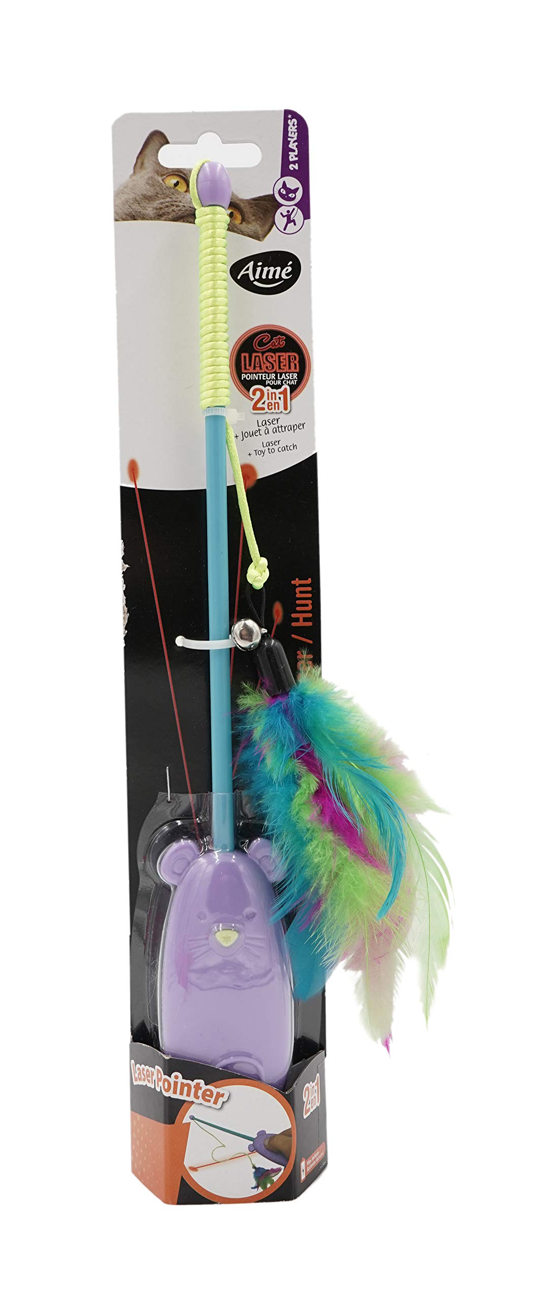 Aimé Cat Toy 2 w 1 Laser Wędka Elektroniczna/Interaktywna Zabawka Wielokolorowe Pióra/Jingle Bells