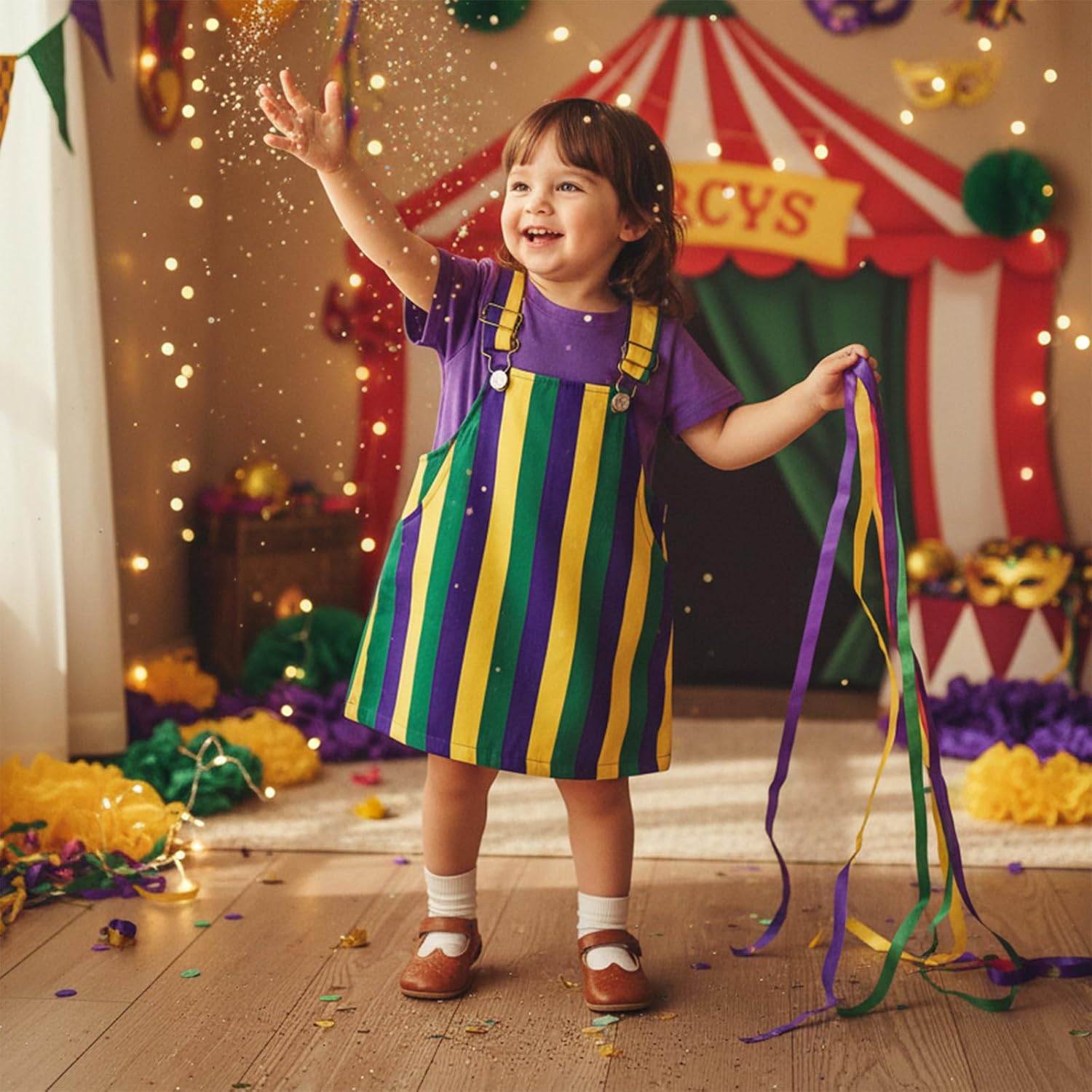 Yccutest Little Toddler Girl Mardi Gras Outfit Kids Short Sleeve T-shirt Adjustable Overall Dress Carnival Clothes For Girls - Image 2