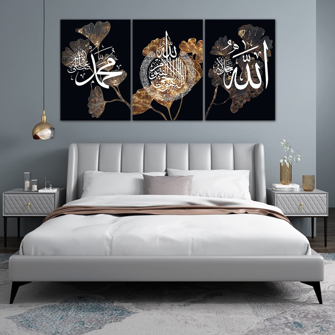 Yimesoy Islamico Wall Art Bismil-M Alhamdulil-M Insha Allah Arabo Citazione Calligrafia 3 Pezzi Poster Stampa Nero Oro Musulmano Tela Pittura 16X24X3Panels