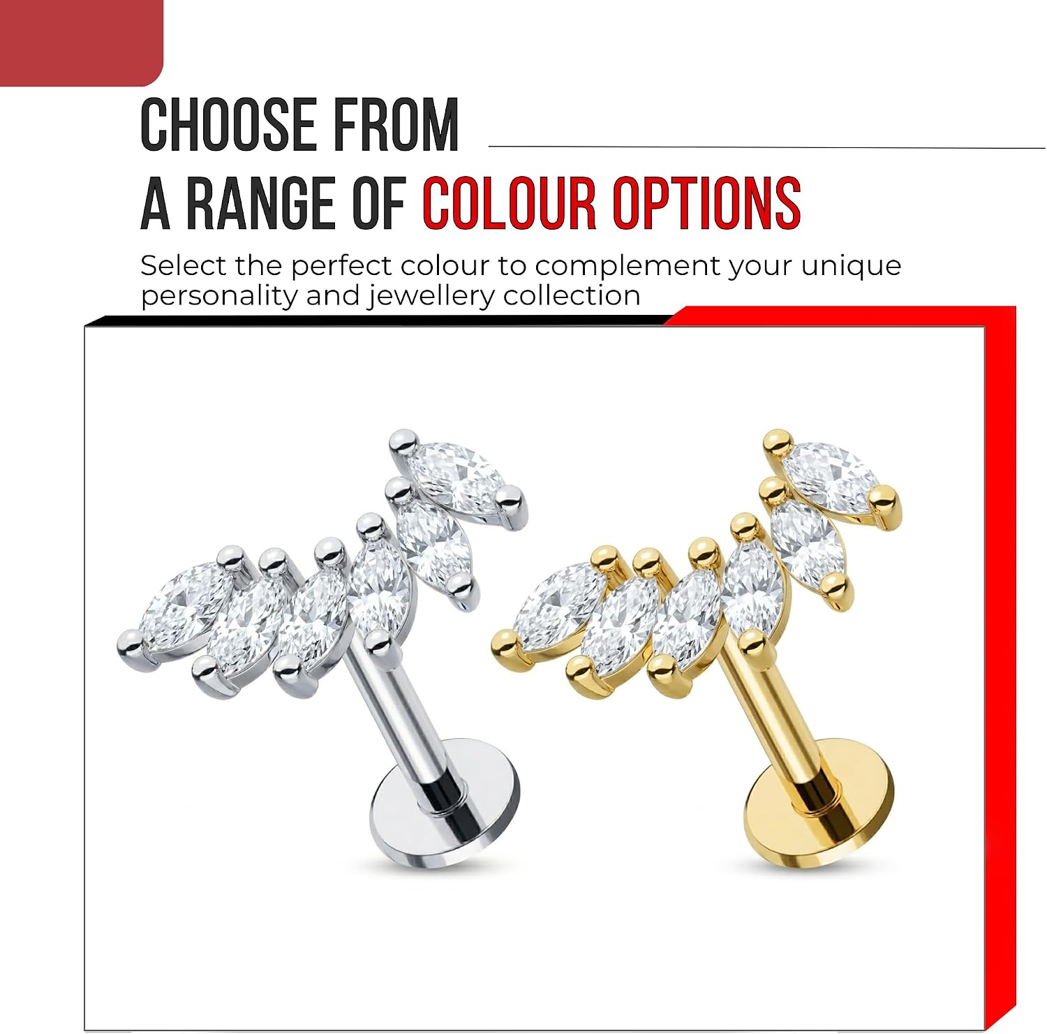 Six Cz Stones Graduated Marquise Cluster Design Internally Threaded Top 16 Gauge - 6mm, 7mm, 8mm Length Flat Back Lip Labret Stud - Tragus Earring - Cartilage, Helix - Tragus Piercing Jewelry