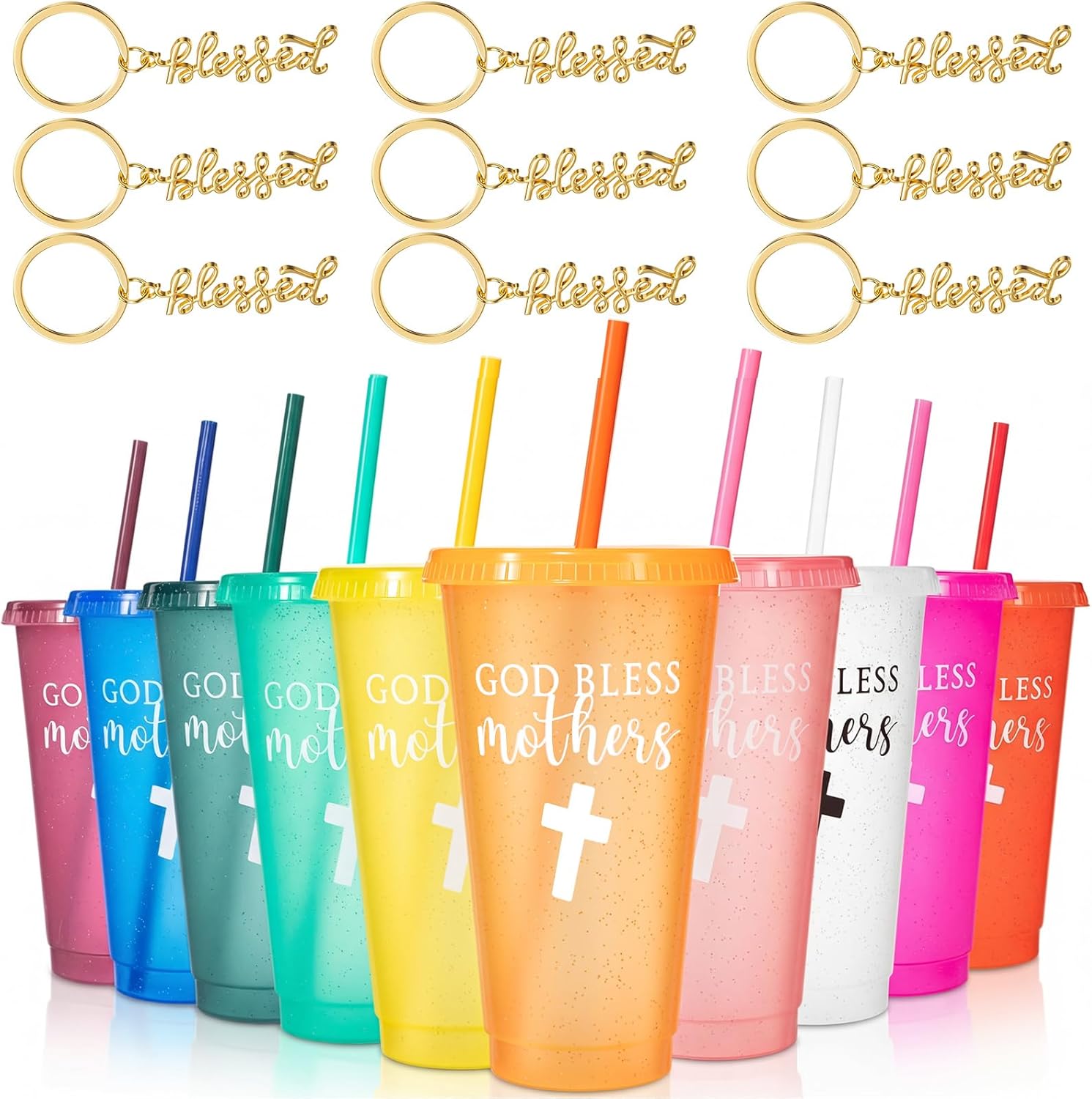 Skylety 20 Set Mother's Day Christian Gifts Bulk God Bless Mothers Cups 24 oz Plastic Tumbler with Straw Lid Gold Blessed Keychains Religious Cross Cups for Church Mom Women