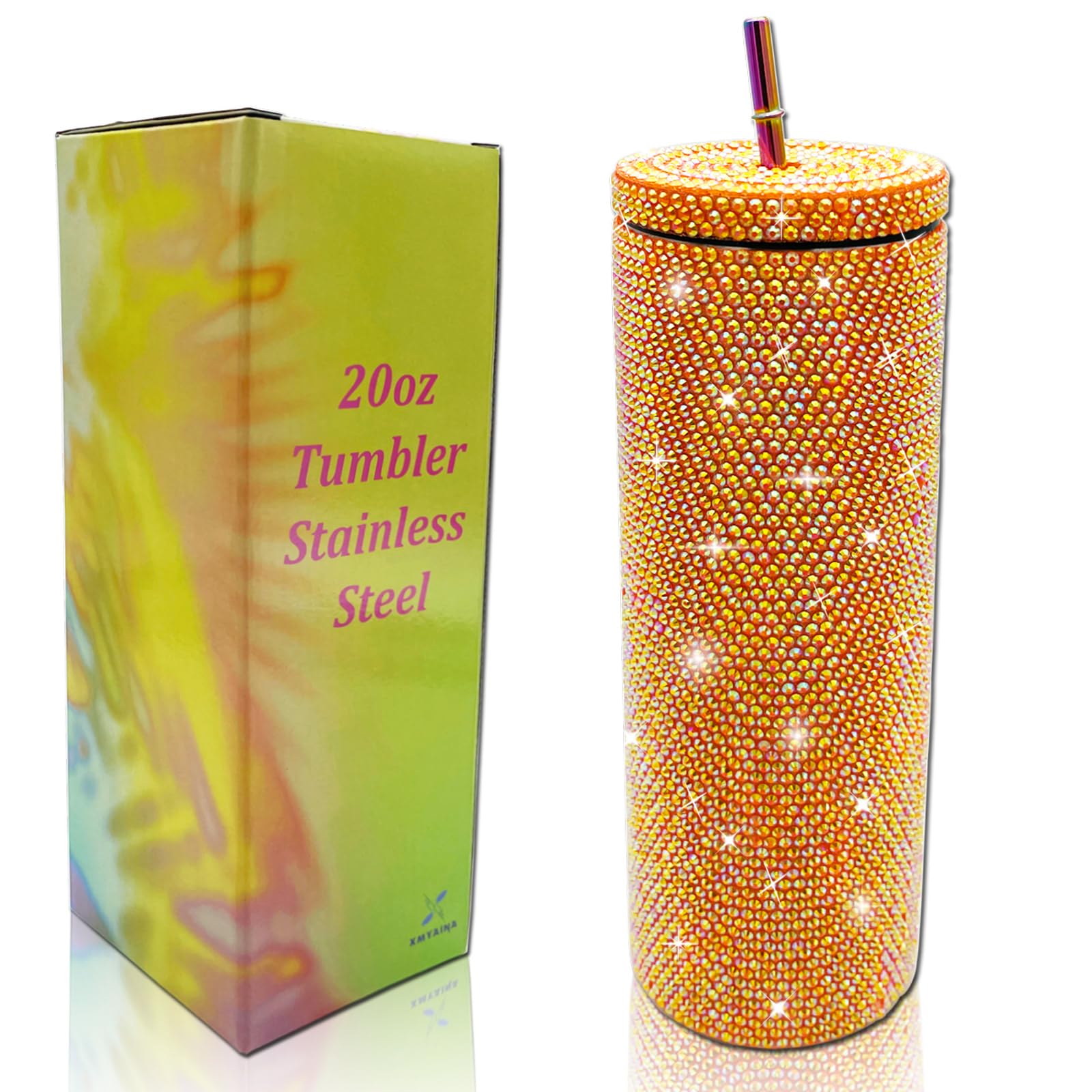 20oz Bling Diamond Tumbler with Lid and Straw Studded Skinny Tumbler Stainless Steel Vacu…