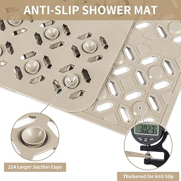 OTHWAY Square Shower Mat, 27x 27 Extra Large Shower Mats for Inside Shower, TPE Anti Slip Shower Mat with Suction Cups Drain Holes, Machine Washable Shower Floor Mat (Brown)