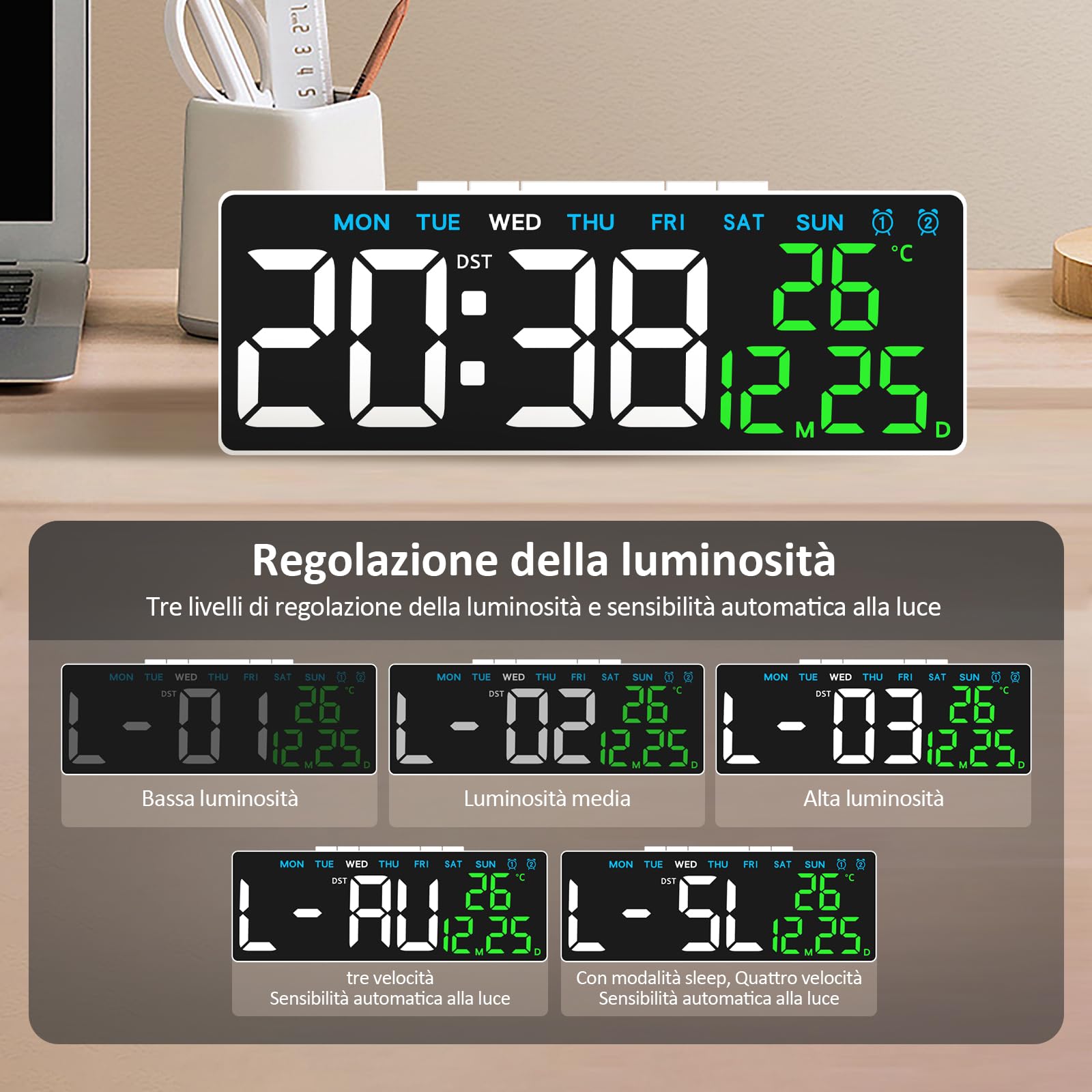 Sveglia Digitale Da Comodino - Display LED 7 Pollici, Temperatura, Data, USB - Per Camera, Ufficio