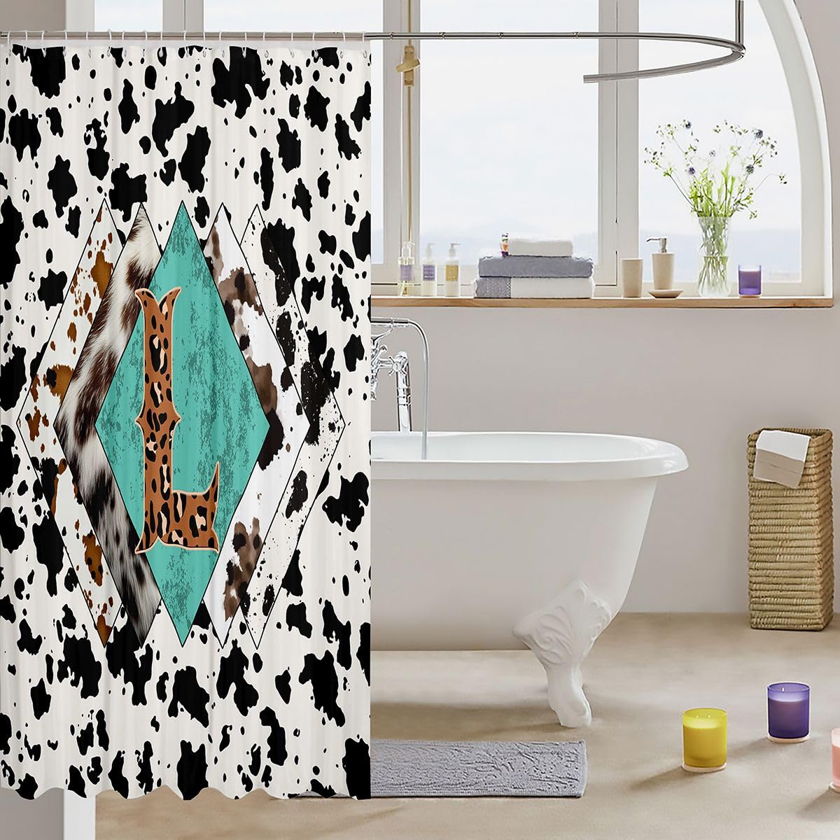 Rideau de douche lettre L taille L léopard monogramme alphabet imprimé cuir de vache rideau de bain pour adultes style rustique rustique rideaux de bain imperméables avec 12 crochets pour baignoire