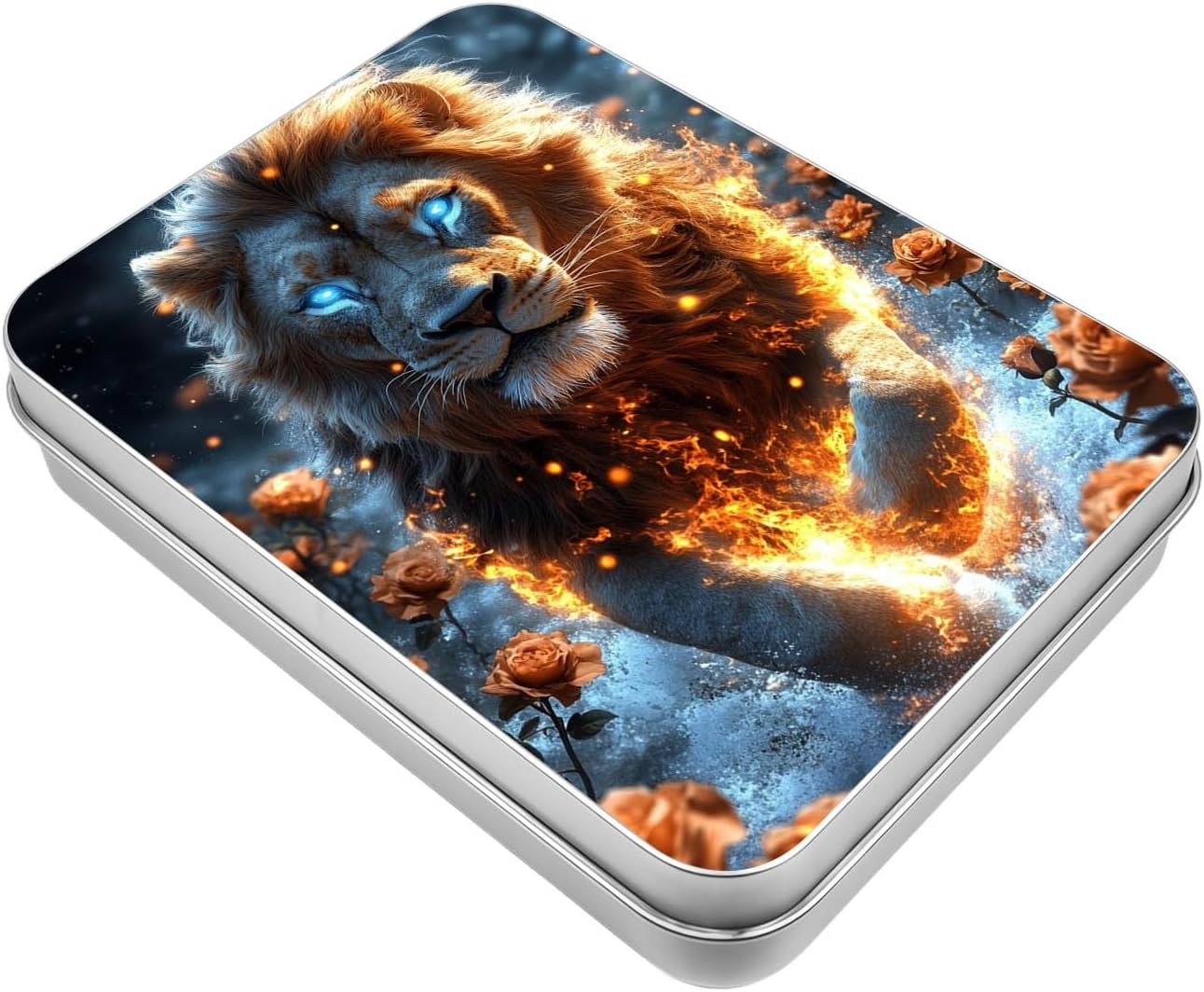 Small Metal Tin Box with Lid, Jewelry Storage, Fire Lion
