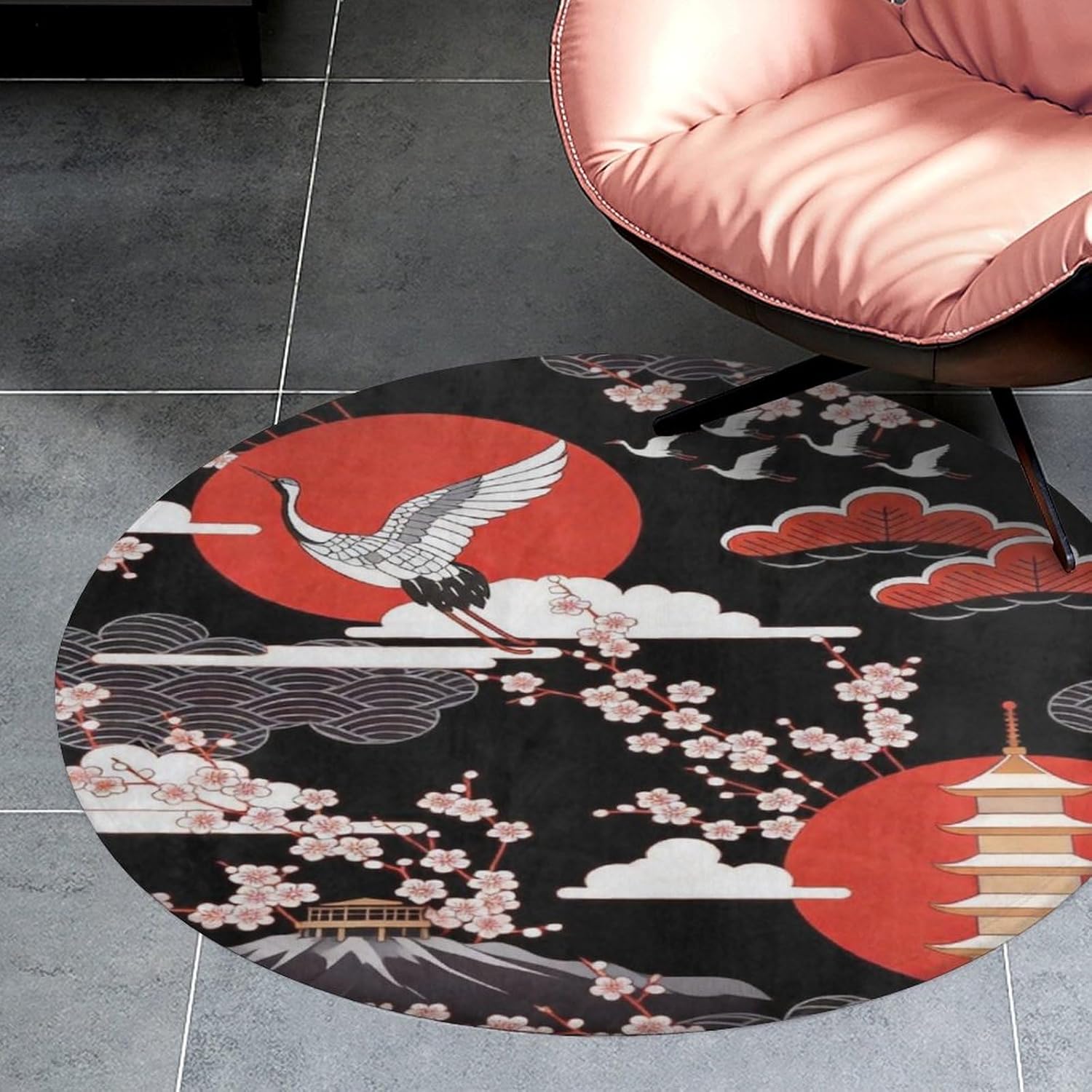Kuizee Round Area Rug Mat Japanese Decoration Crane Plum Blossom Black Red Living Room Bedroom Bathroom Kitchen Home Decor Coral Velvet Non-Slip Round Carpet 36.2 Inch