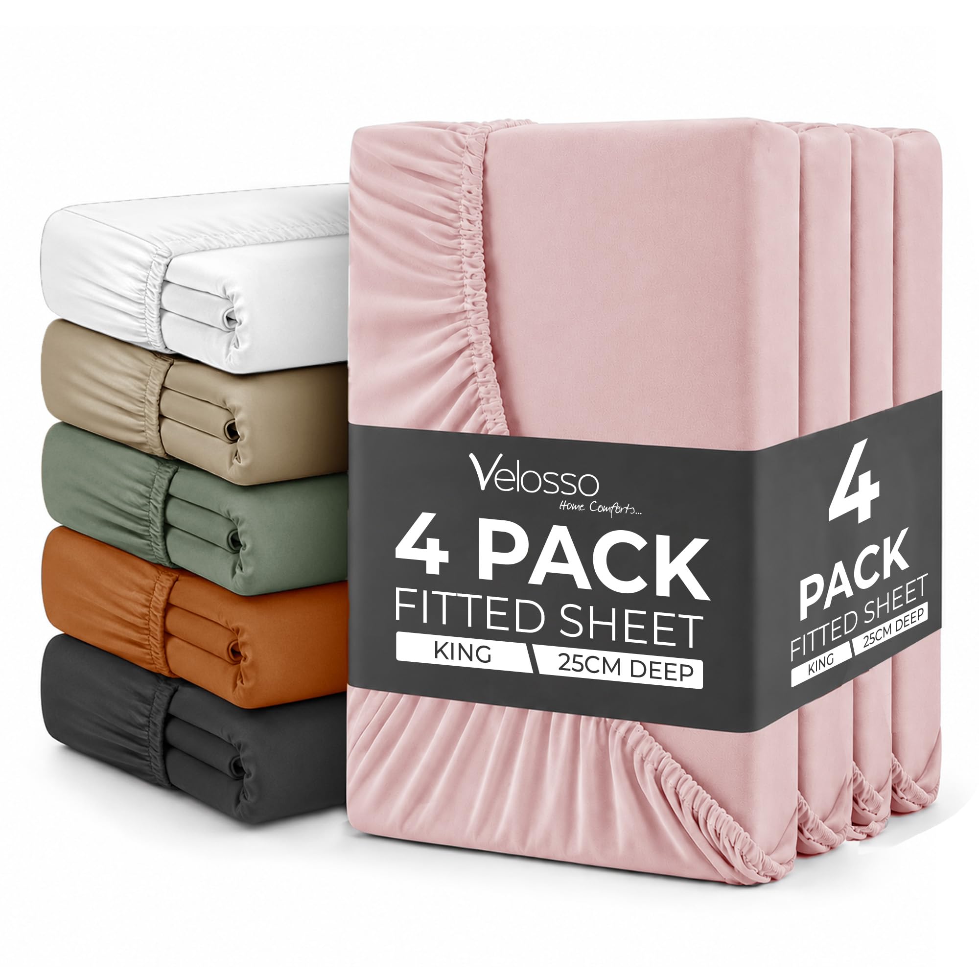 Plain Dye Fitted Sheet 25cms Pocket Soft Brushed Microfibre Fabric Mattress Bottom Bed Sheets (Pink, King 4 Pack)