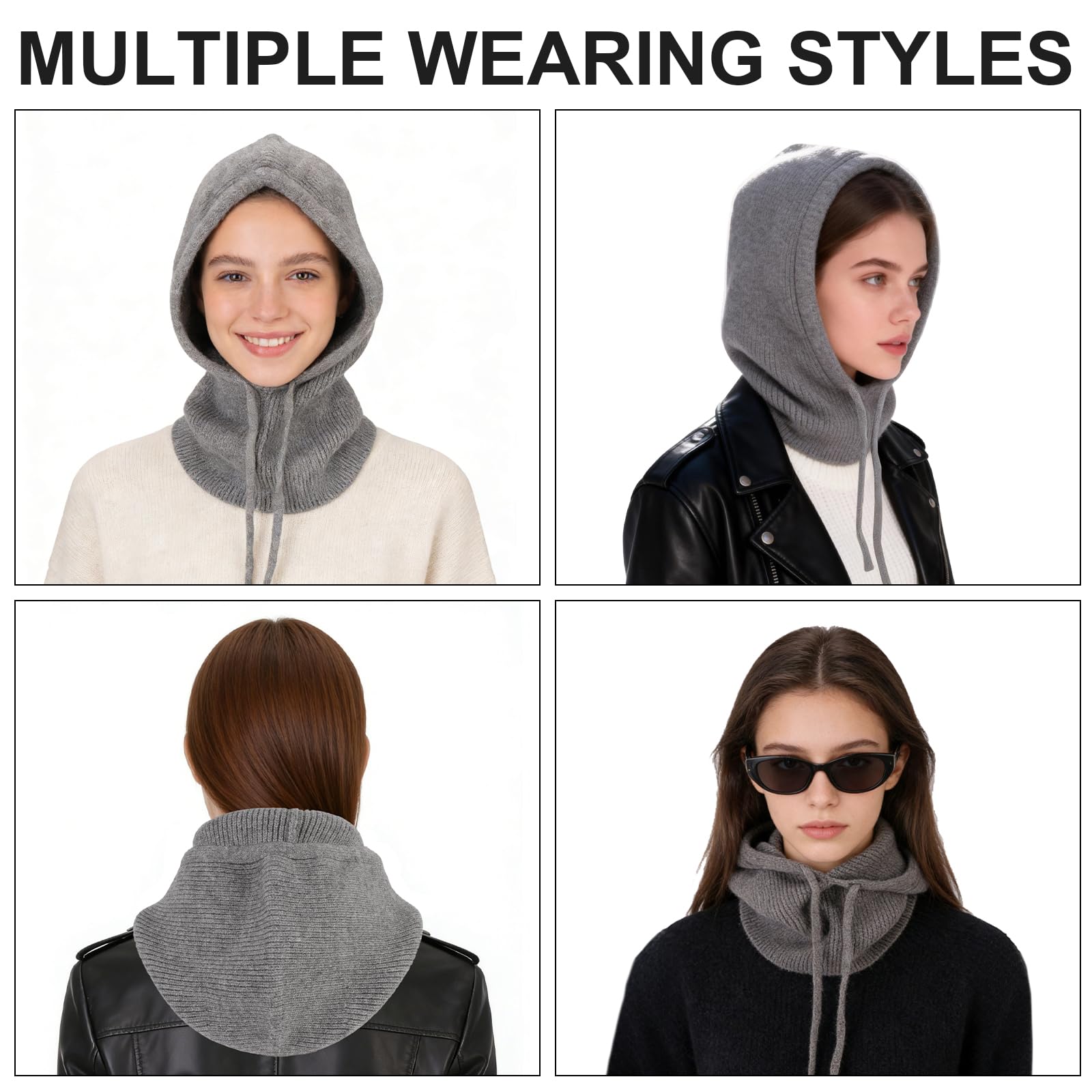 Mujer Invierno Gorro de Punto y Bufanda con Capucha, 2 en 1 Térmicos Prueba de Viento Ajustable Pasamontañas, Moda Gorro con Visera Calentador de Cuello para Deportes al aire libre Diario Correr