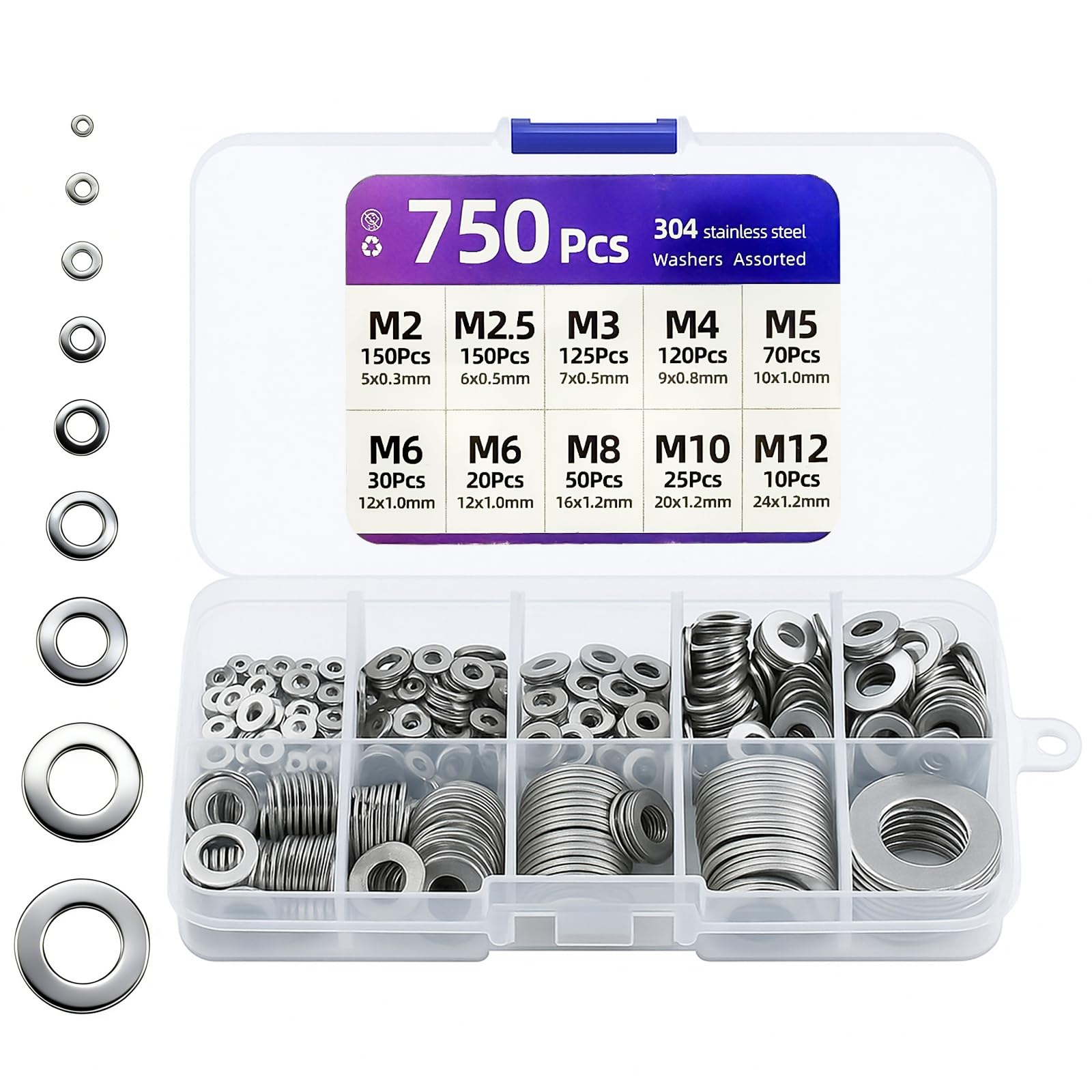 750Pcs Washers for Screws, Washers for Bolts(M2/M2.5/M3/M4/M5/M6/M8/M10/M12), 9 Sizes Washer Stainless Steel for machinery fabrication, home repairs, and more