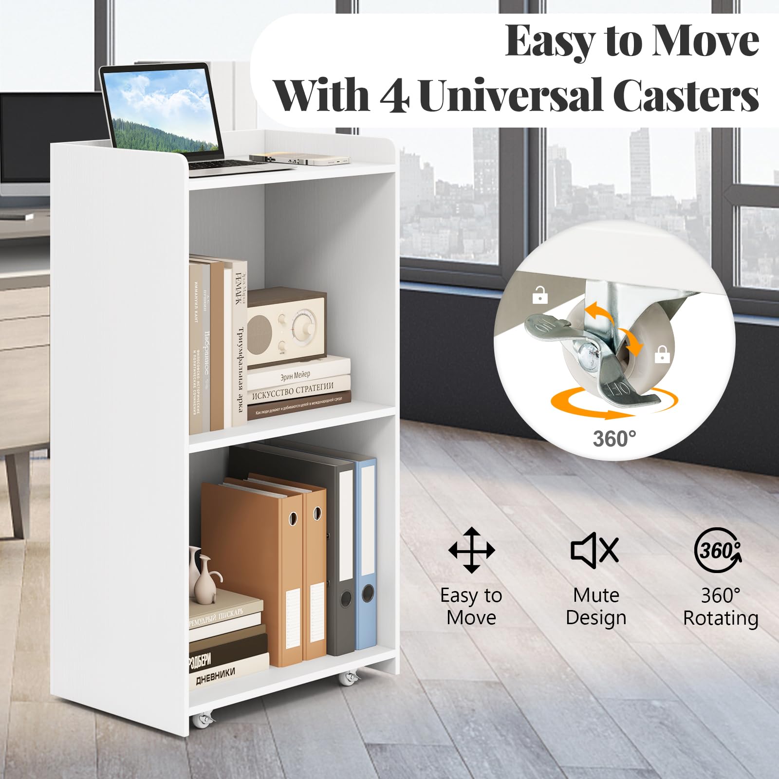 LIFEZEAL Banco mobile con ruote, podio di presentazione in legno con ripiani per computer portatile e documenti, banco di benvenuto per conferenze, chiesa, ufficio, aula (bianco)
