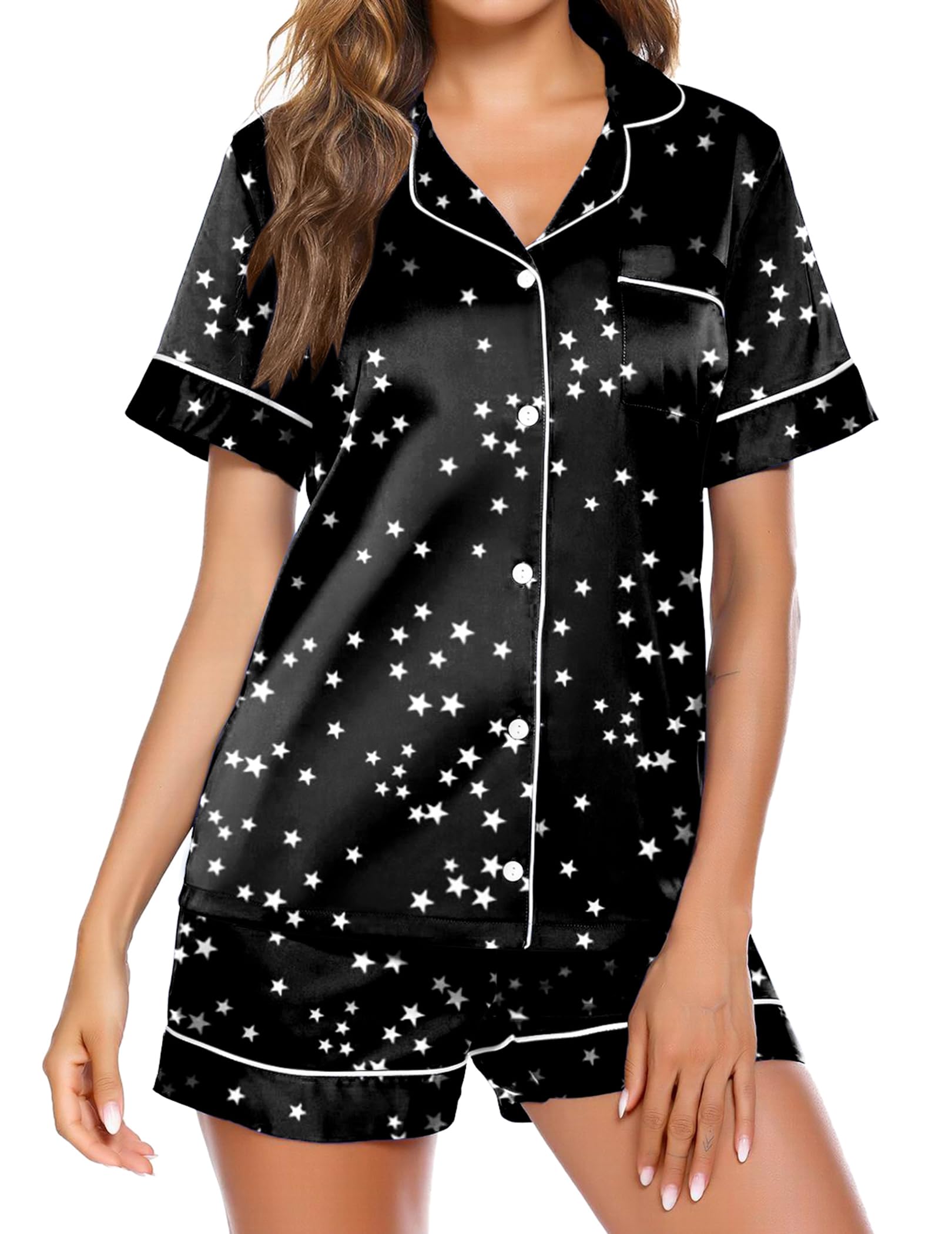 Ekouaer Pajamas for Women Set Silk Satin Pjs Button Down Sleepwear Summer Loungewear Top and Shorts Lounge Set S-XXL