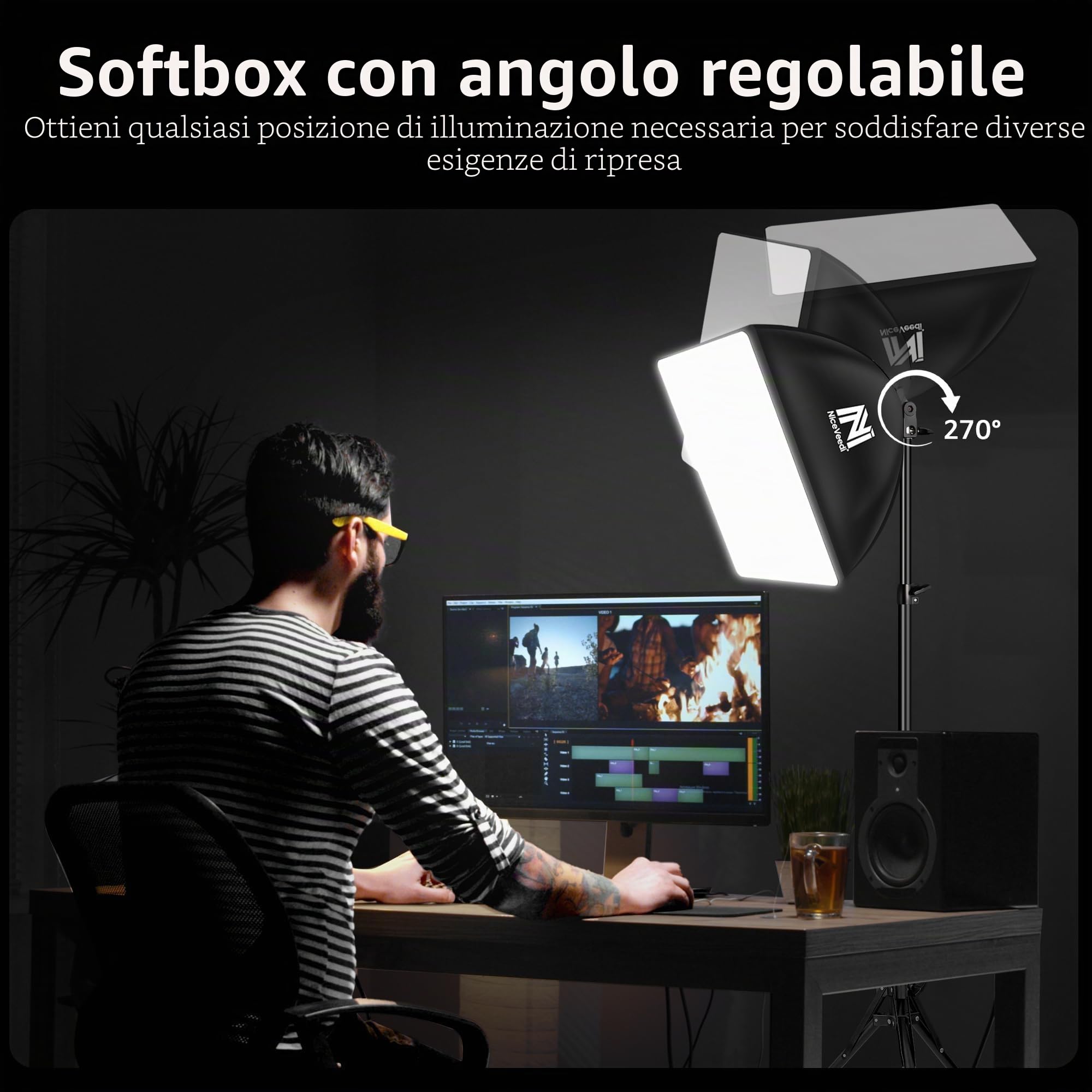 Softbox, Kit Softbox LED da 50 W, Luce Fotografica 40x40 cm con Lampadine 5500K e 150 cm Treppiede, Illuminazione Continua per Fotografia/Registrazione Video/Streaming Live (2 confezione)