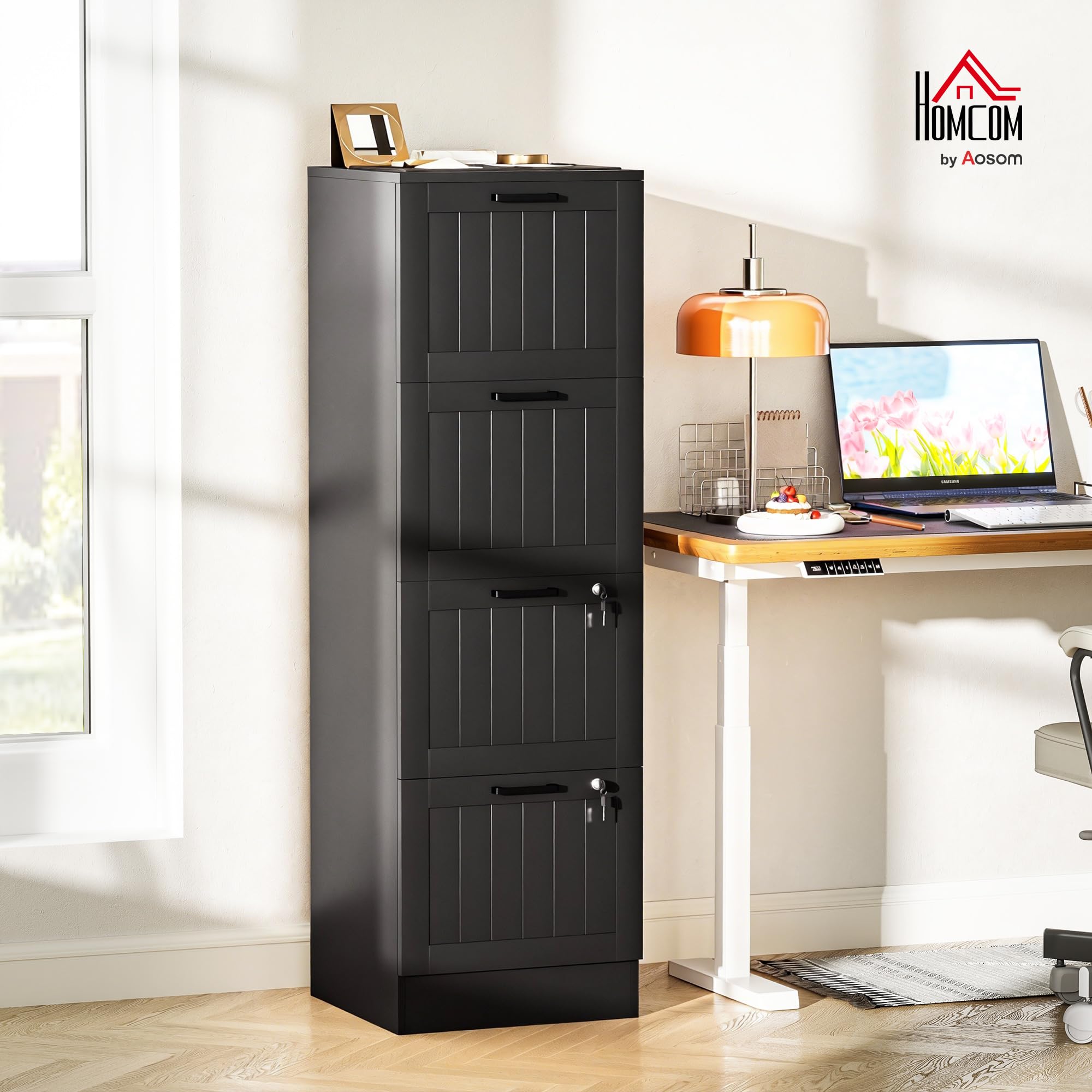HOMCOM Caisson bureau avec 4 tiroirs et serrures, meuble rangement bureau avec barres de suspension réglables pour documents, caisson de rangement compact pour travail ou chambre, 40x40x131cm, noir