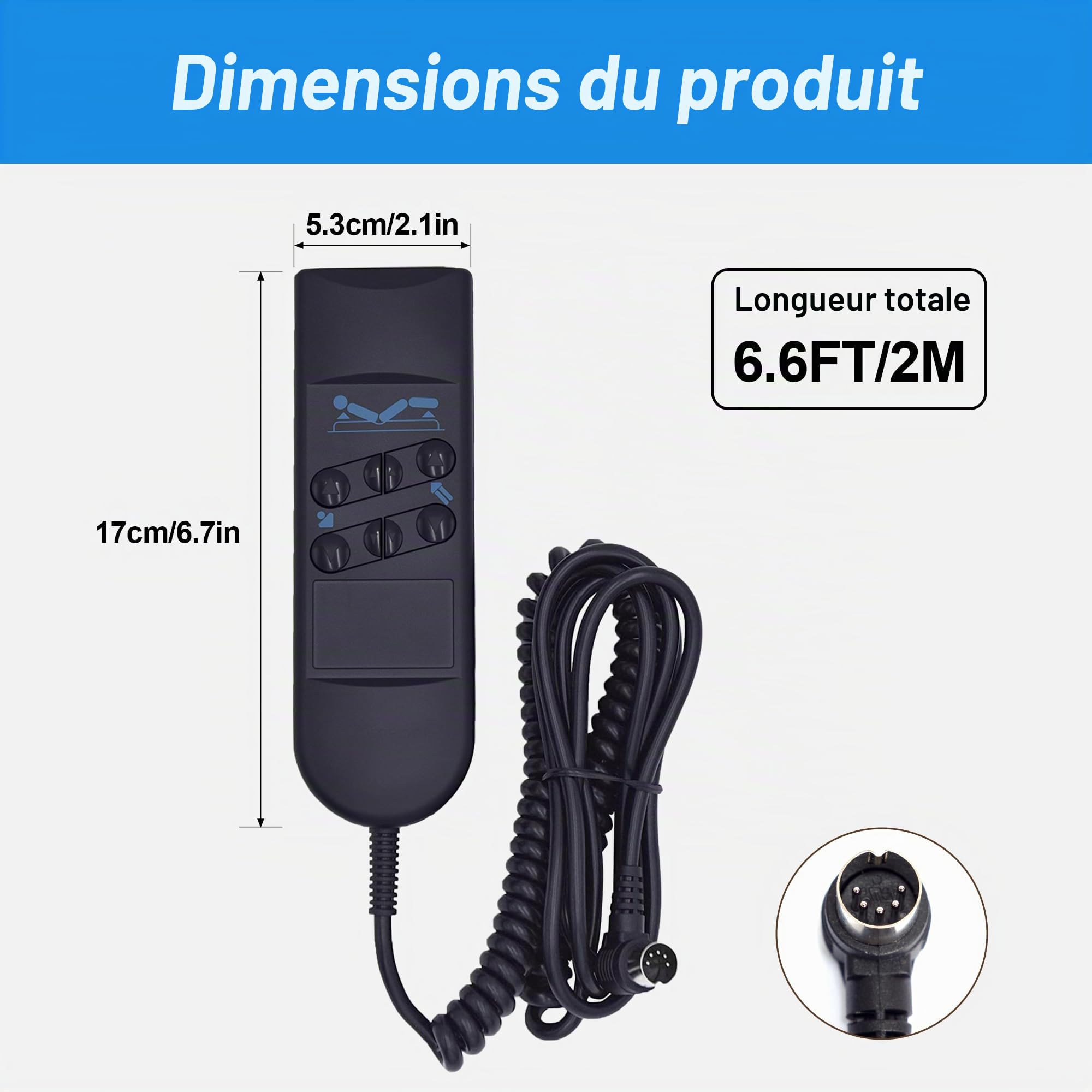 Fromann Télécommande de rechange pour fauteuil inclinable avec 6 boutons 5 broches pour lit d'hôpital réglable avec moteur Okin Okimat II