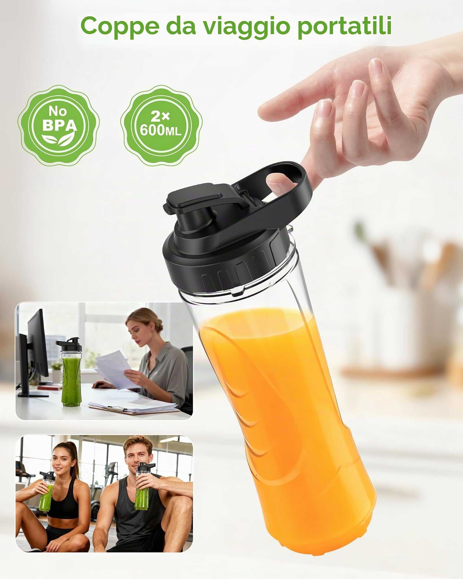 Frullatore,Mini Frullatore Portatile,Blender da 500W,Smoothie Maker Dotato di 2 Bottiglie in Tritan da 600ml Senza BPA,Frullatore Elettrico con 4 Lama in Acciaio Inossidabile,Smontabili