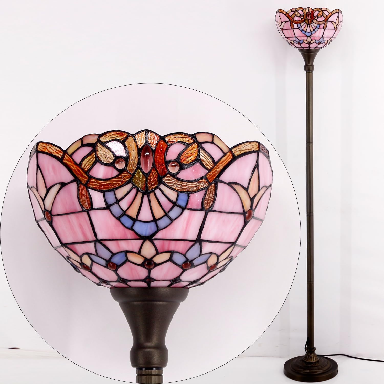 WERFACTORY Tiffany Floor Lamp Pink Baroque Stained Glass Light 12X12X71 Inches Pole Torchiere Standing Corner Torch Uplight Decor Bedroom Living Room Home Office S003P Series