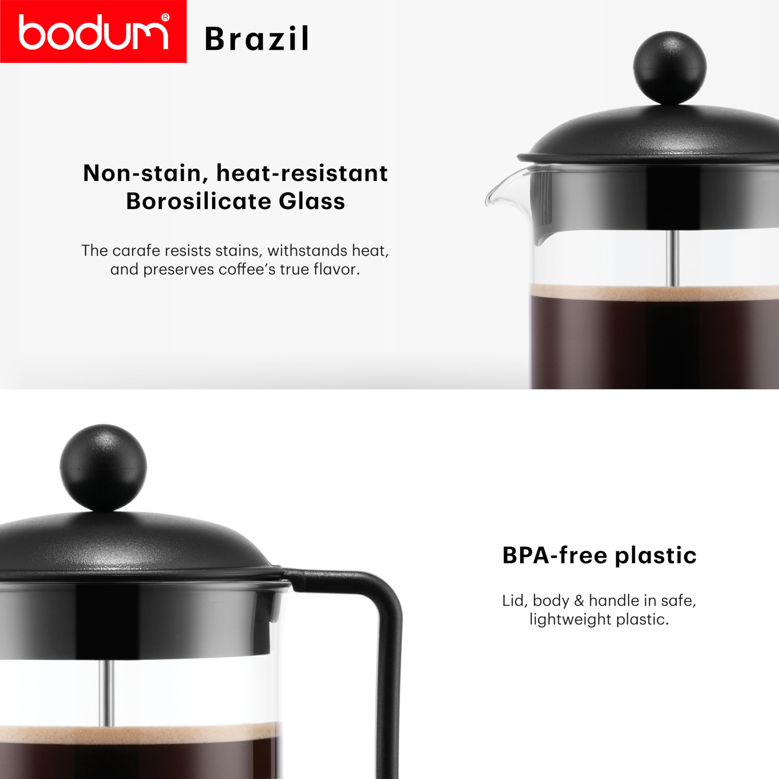 Bodum French Press Brazil - 1L / 8 Tasses Cafetière à Piston - Verre Résistant & Filtre Acier INOX - sans BPA Lavable au Lave-Vaisselle - Cafetière Classique - Fabriquée au Portugal