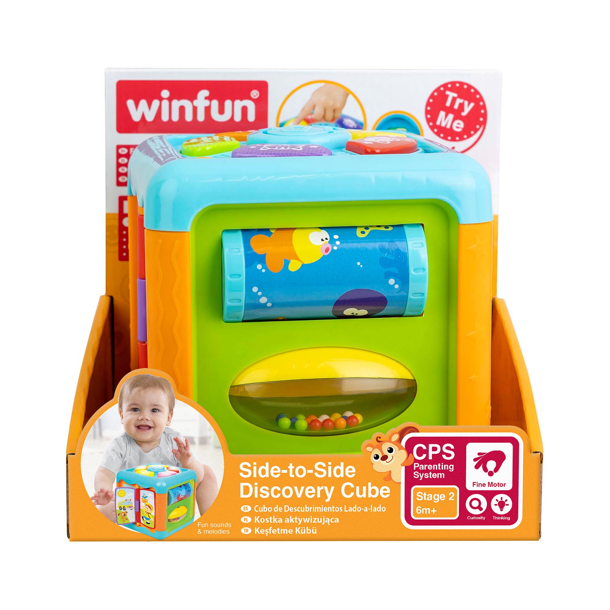 Winfun Baby Discovery Cube with Music and Light, Push Button and a Roll, Fun Sounds and Melodies, Fine Motor Skills, For Ages 6 Months +