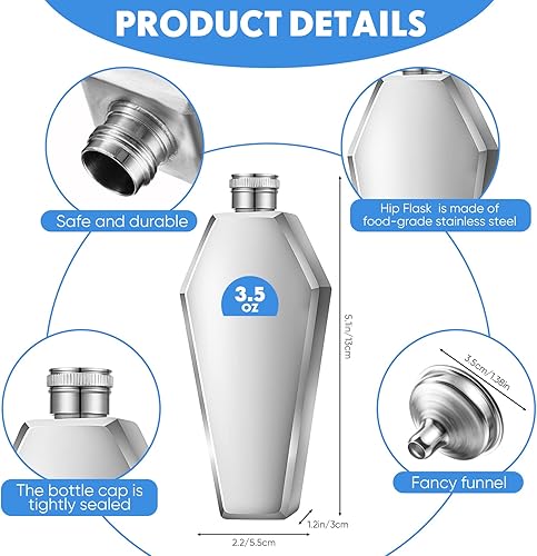 Miniatura 7 de Juego de 3 frascos de 3.5 onzas con embudo, botella de acero inoxidable 304 creativa de 3.4 fl oz de grosor para hombres, mujeres, adultos, amigos,