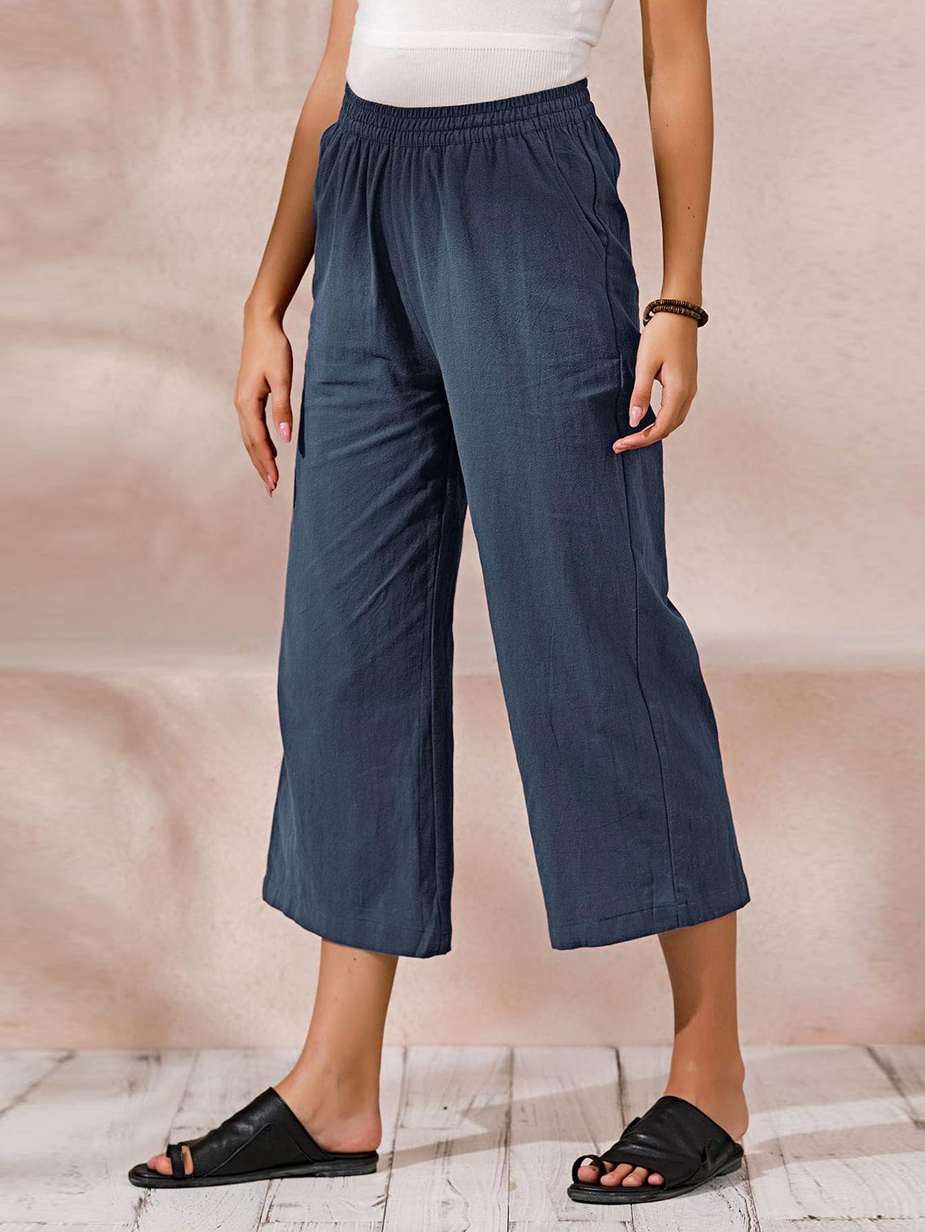 Ecupper Pantalon Femme Taille Elastique Pantalons Large Fluide Pantalon Cargo D'Été 7/8 en Coton