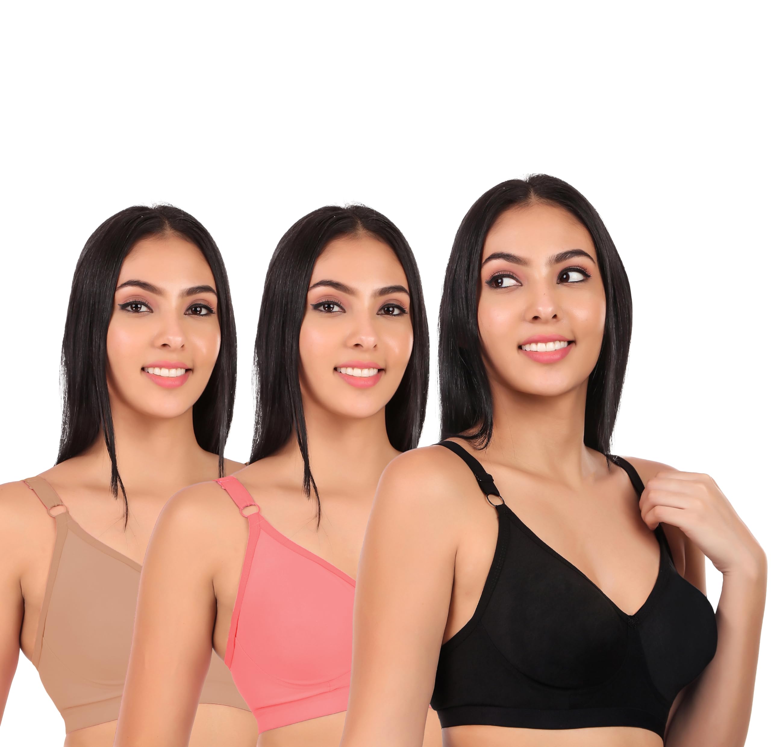 Womens Non-Padded Non-Wired Seamless Double Layered T-Shirt Bra - Pack of 3-image-5